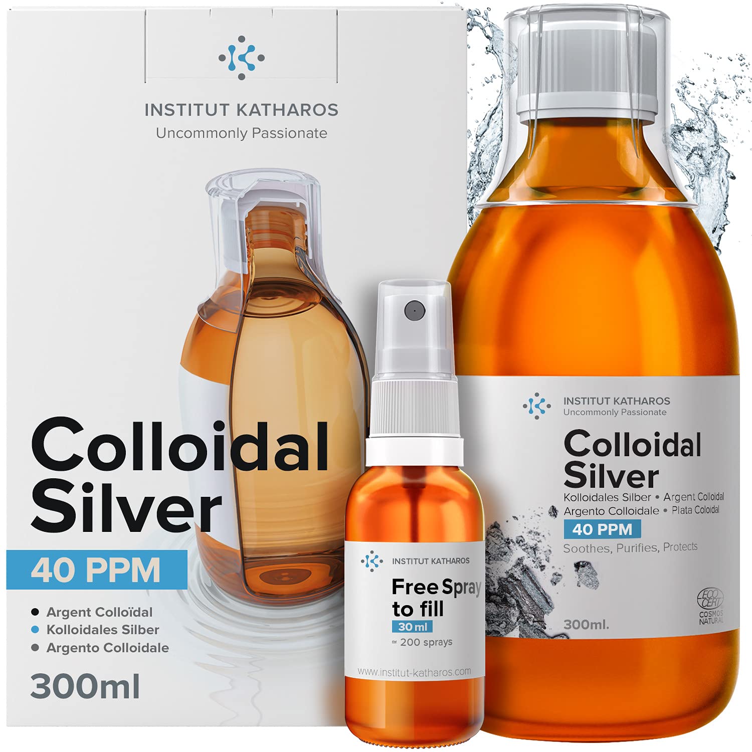 Institut Katharos botella frontal de plata coloidal 10 fl oz, envase práctico y seguro