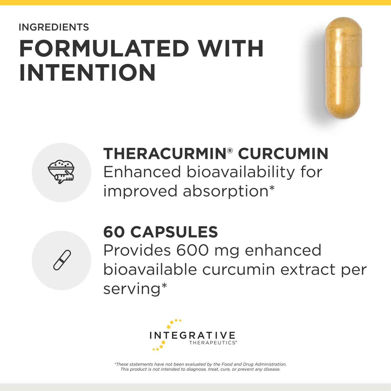 Integrative Therapeutics Theracurmin HP frasco abierto con cápsulas visibles para uso diario