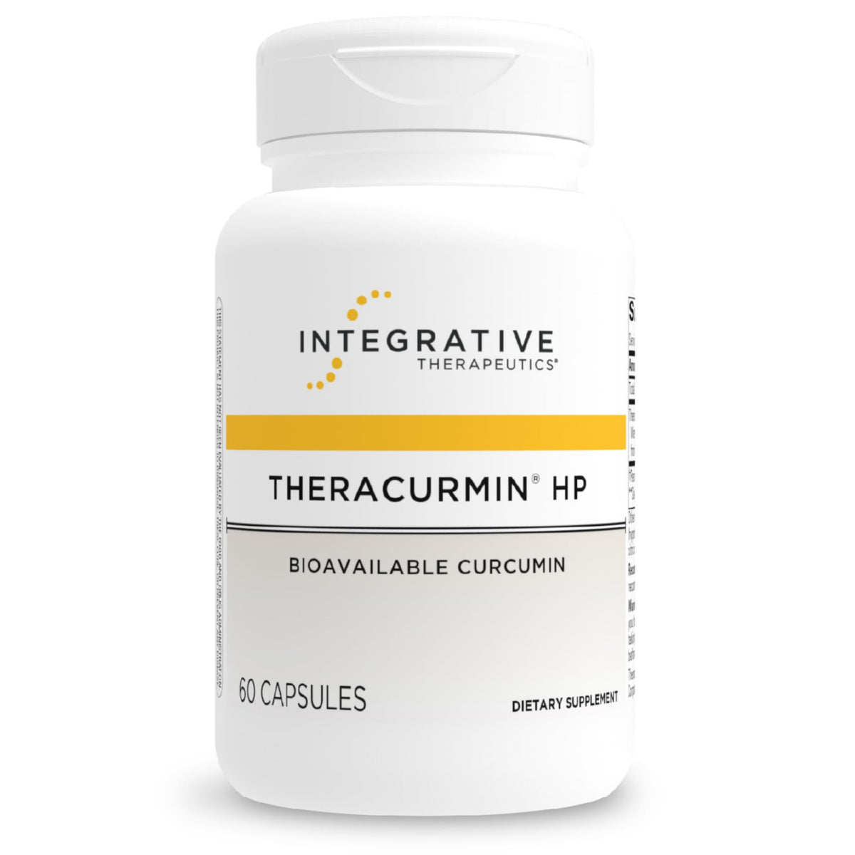 Integrative Therapeutics Theracurmin HP vista frontal del frasco mostrando diseño y tamaño