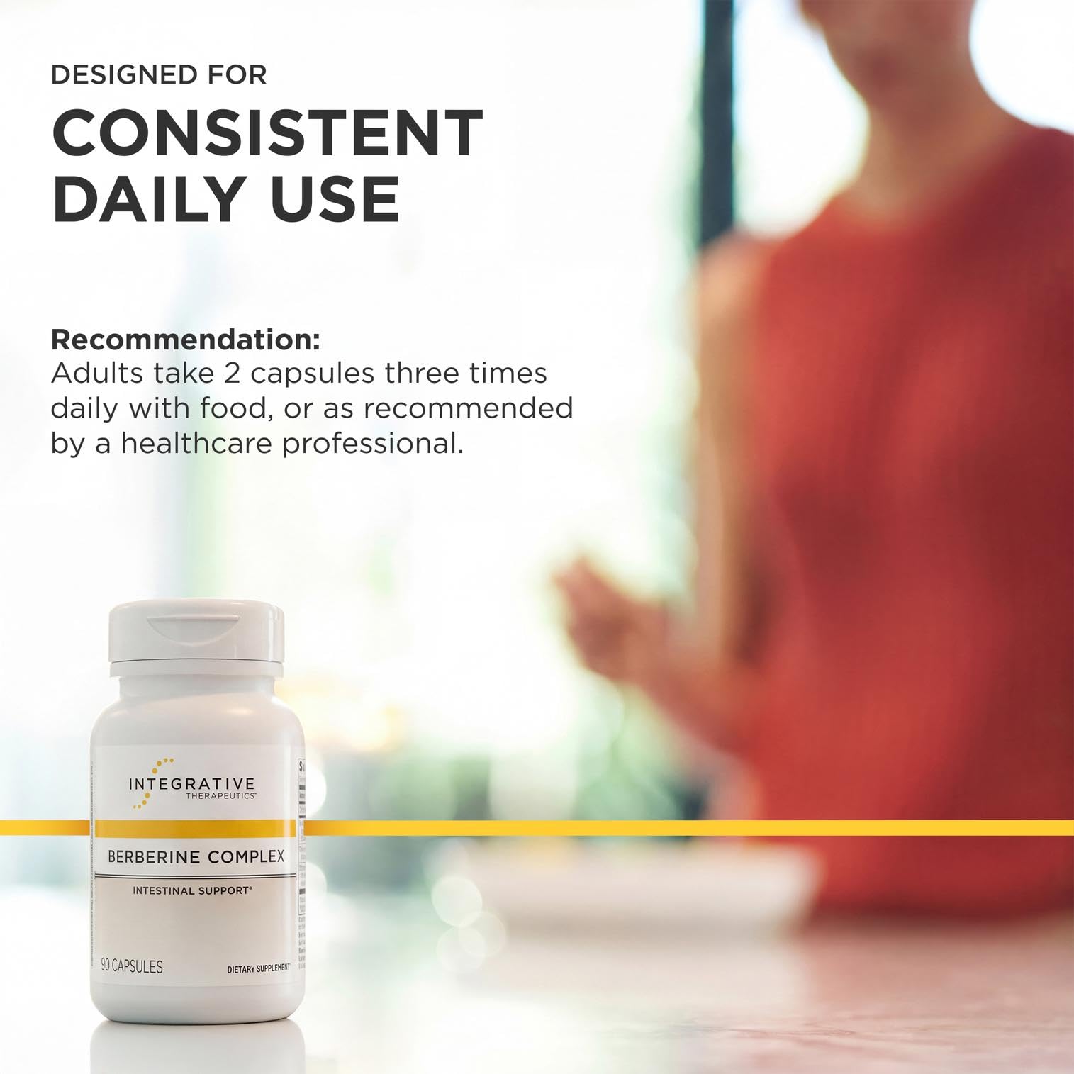 Integrative Therapeutics uso en la mañana con suplemento en cocina promoviendo rutinas