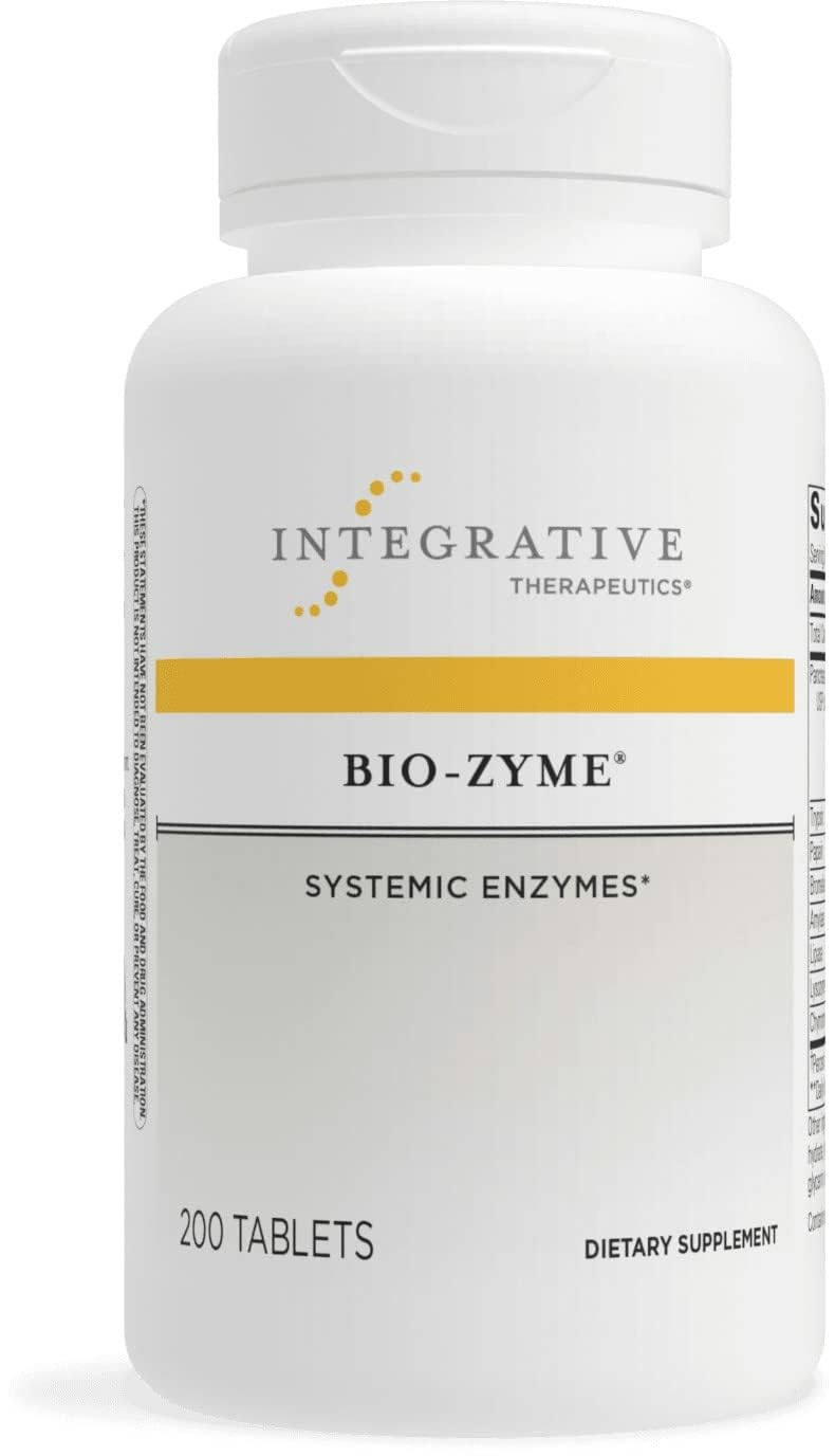 Integrative Therapeutics frasco frontal de Bio-Zyme mostrando etiqueta y beneficios clave