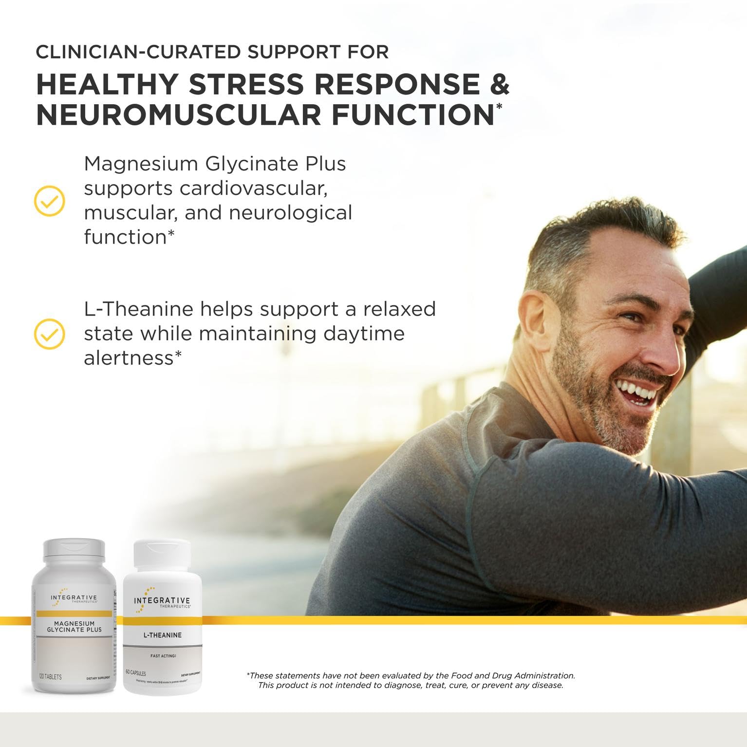 Integrative Therapeutics detalle de la botella de L-Theanine mostrando el sello de calidad