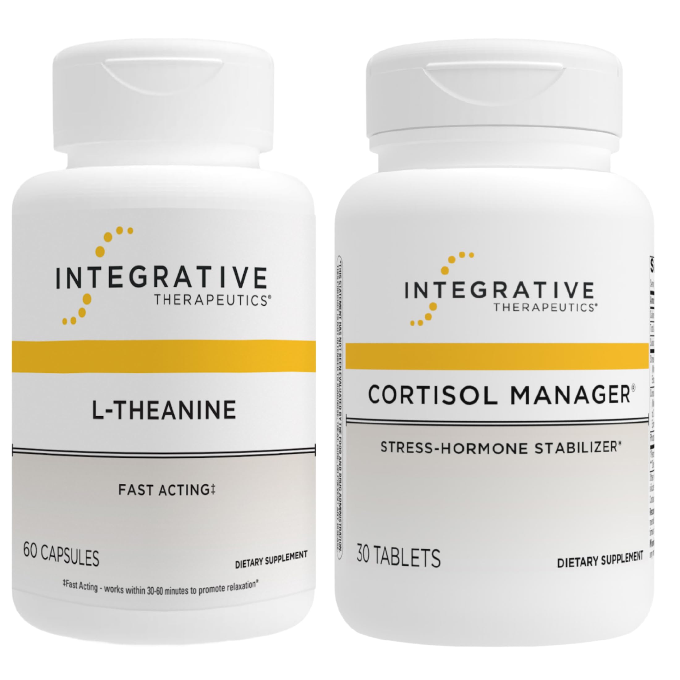Integrative Therapeutics cortisól manager y l-theanine frente al paquete mostrando beneficio de apoyo al estrés
