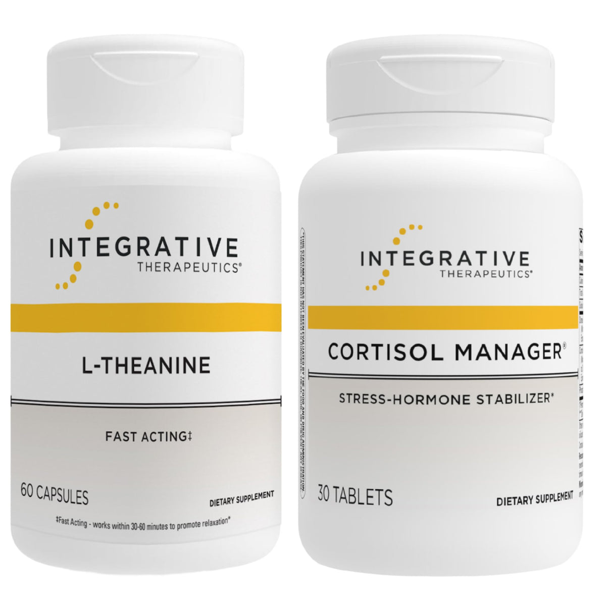 Integrative Therapeutics cortisól manager y l-theanine frente al paquete mostrando beneficio de apoyo al estrés