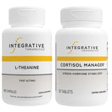 Integrative Therapeutics cortisól manager y l-theanine frente al paquete mostrando beneficio de apoyo al estrés
