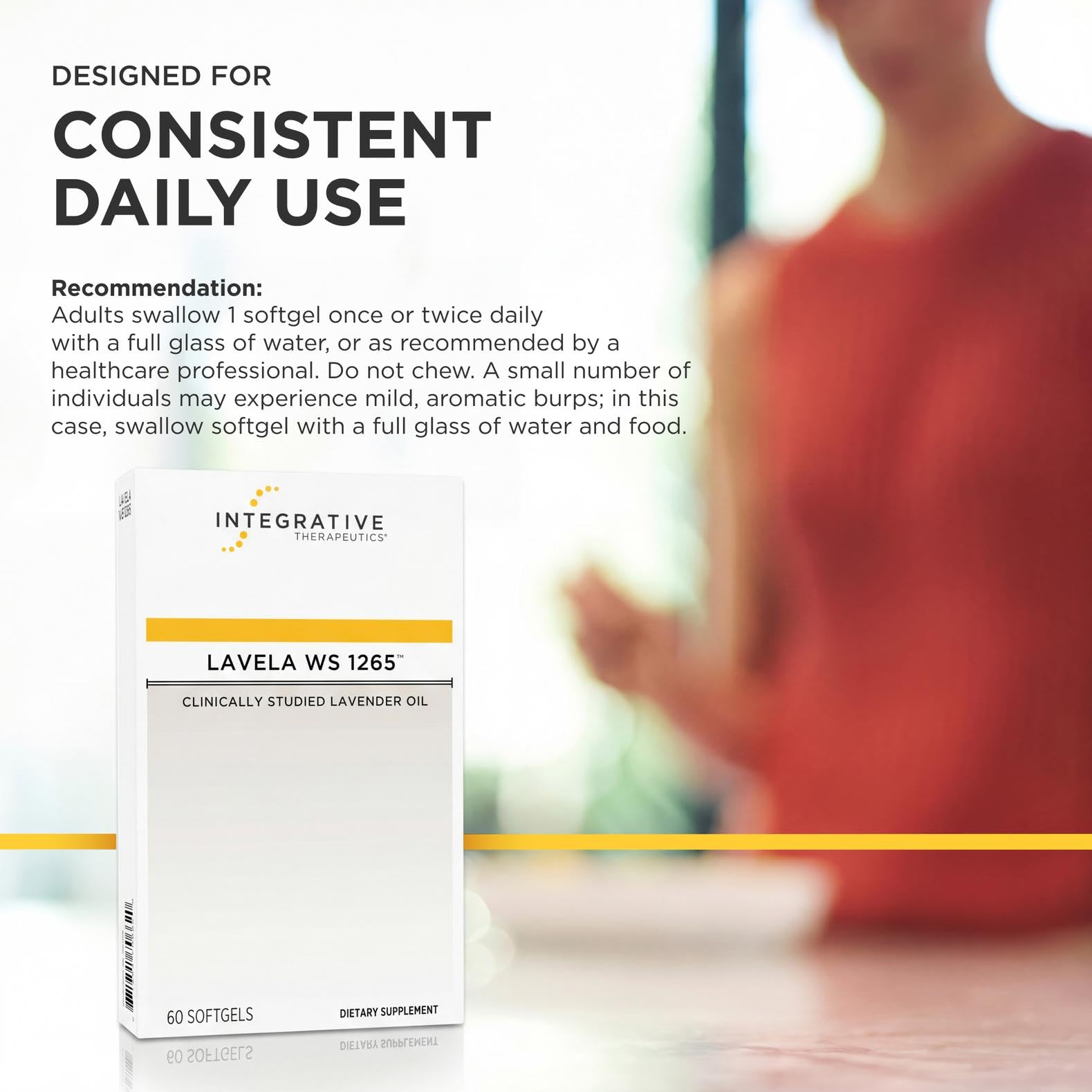Integrative Therapeutics envase abierto con softgels visibles para cantidad y presentación