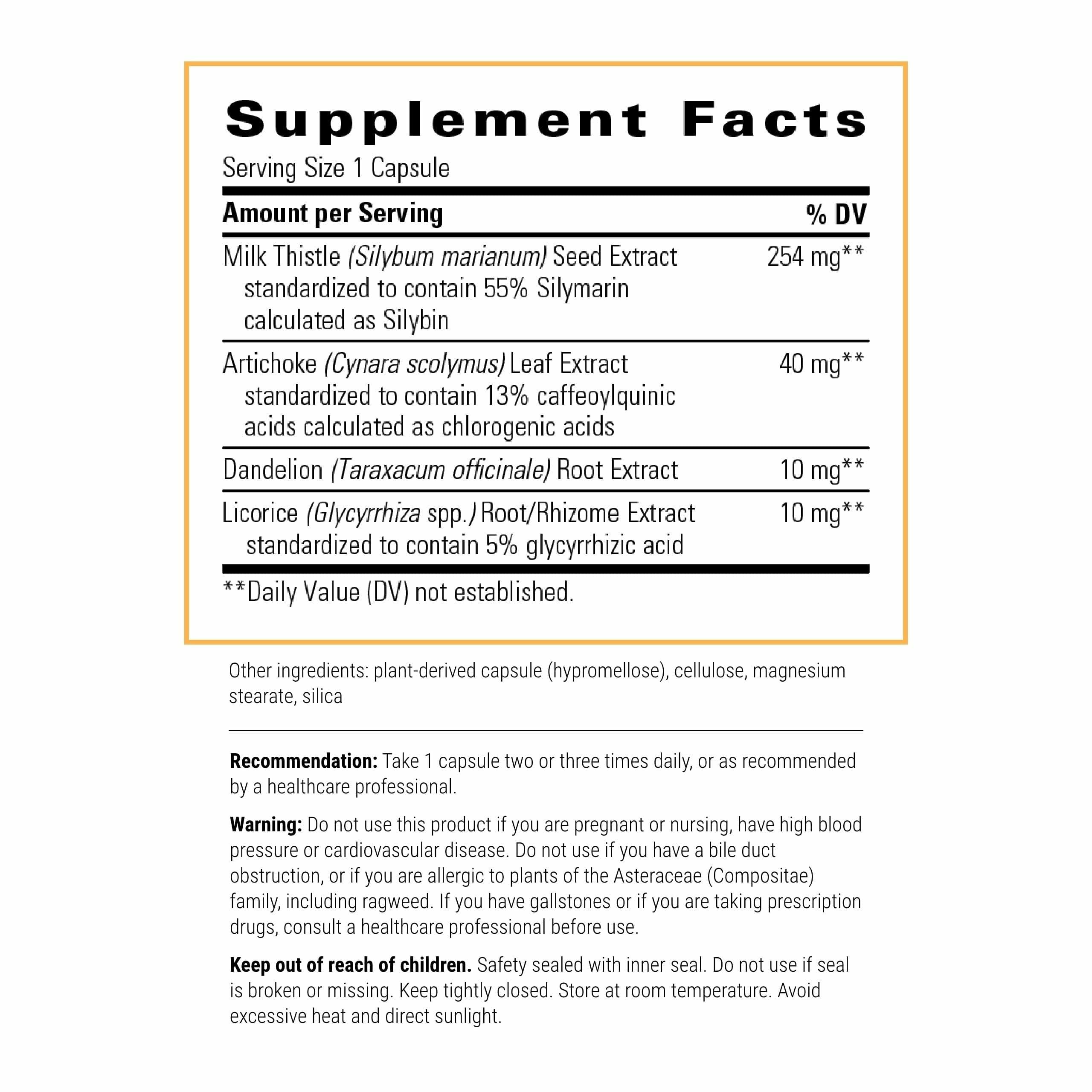 Integrative Therapeutics etiqueta con ingredientes y porcentaje de silimarina