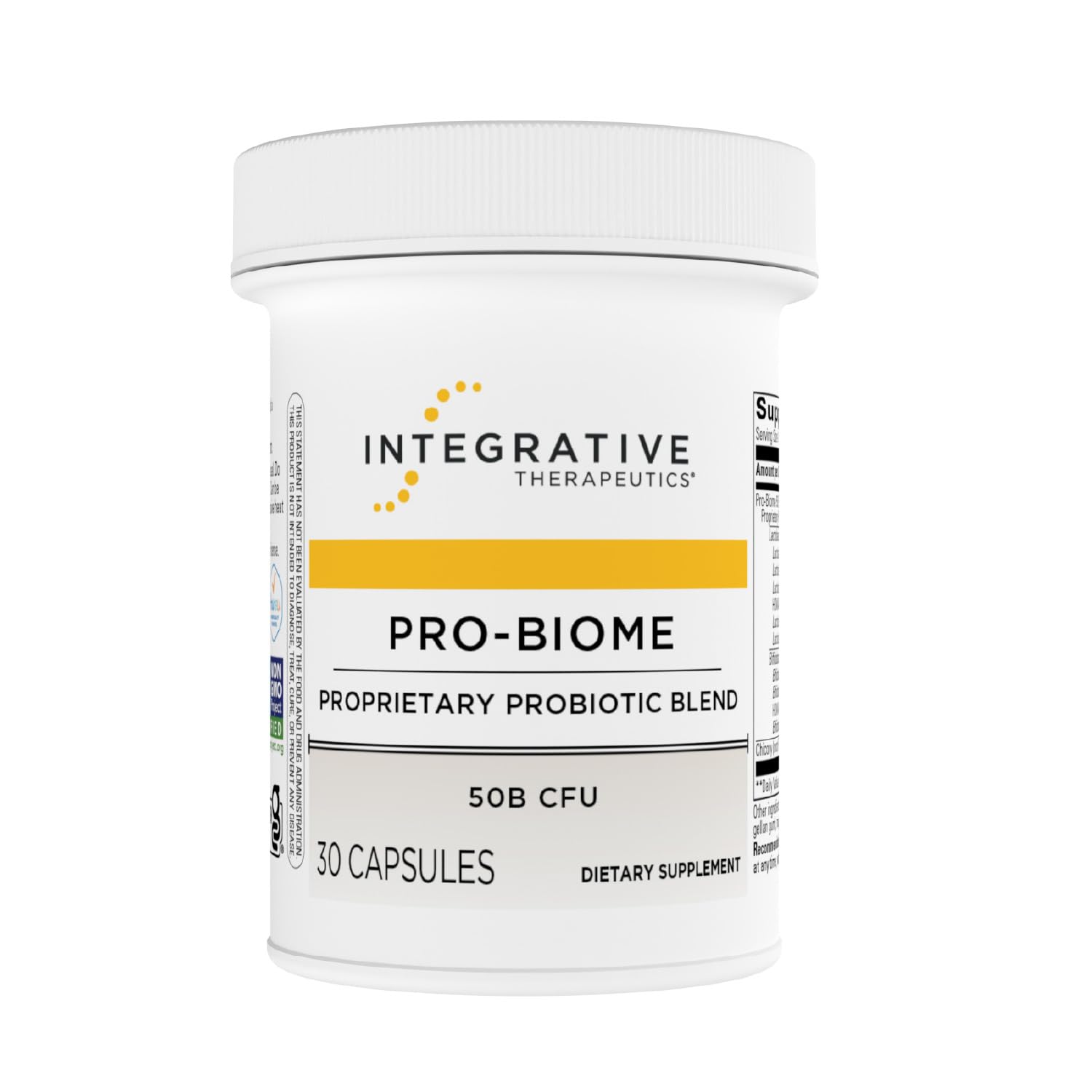 Integrative Therapeutics Pro-Biome vista frontal del envase comunicando dosis mensual