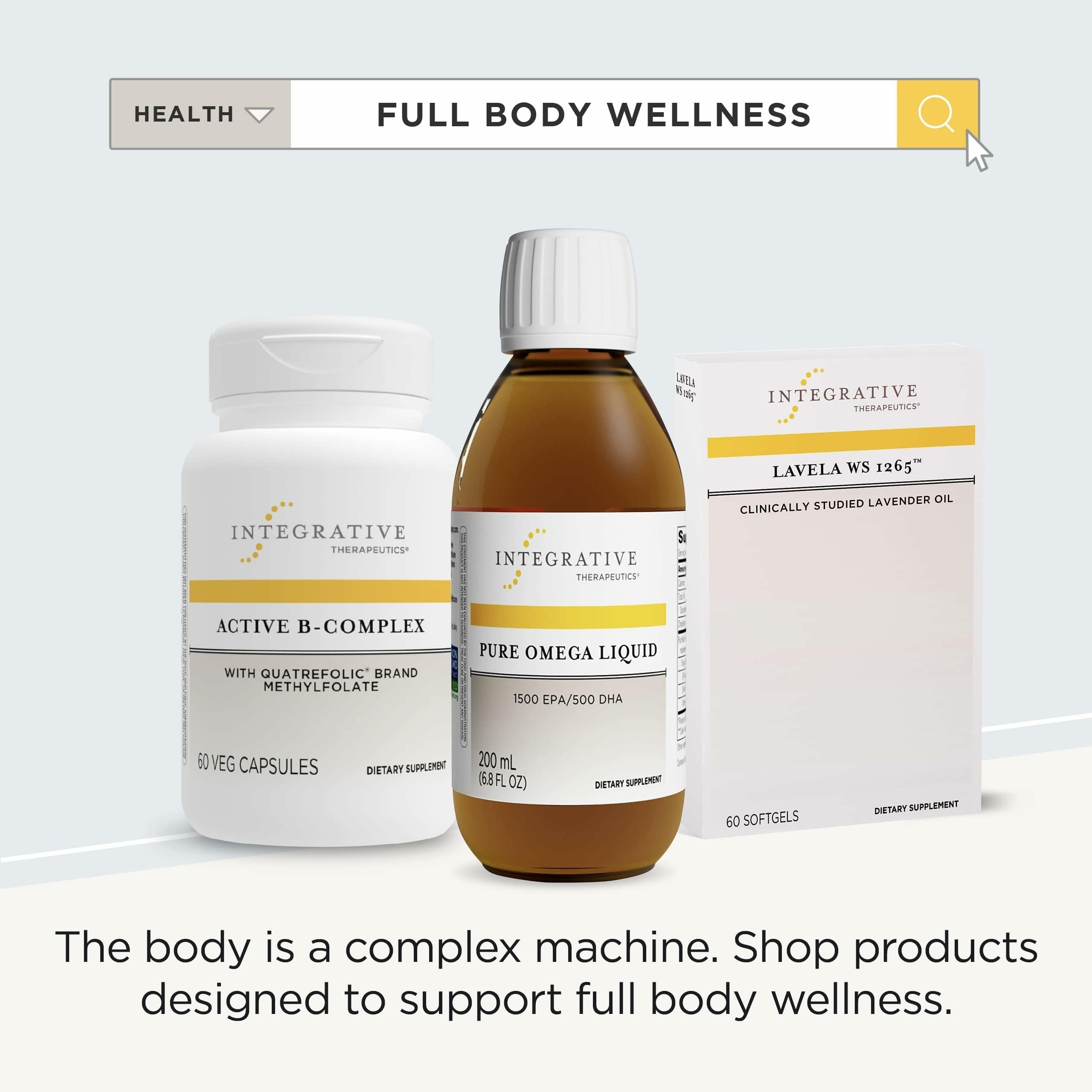 Integrative Therapeutics Pure Omega Liquid junto a una regla para comparar tamaño del envase