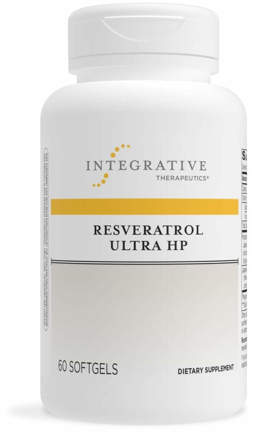 Integrative Therapeutics envase frontal del Resveratrol Ultra HP mostrando 60 cápsulas y claridad de uso