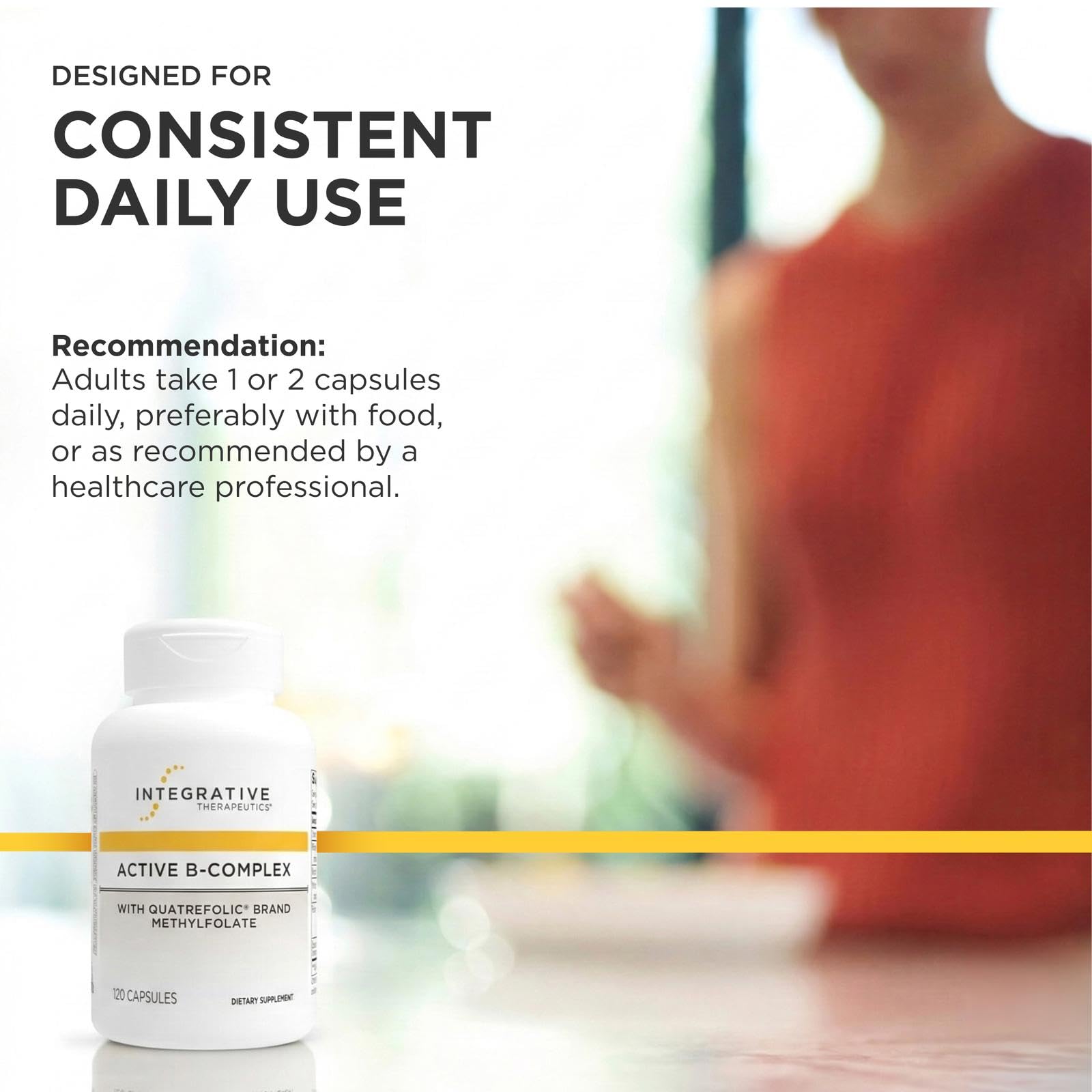 Integrative Therapeutics cápsulas junto a rutina matutina mostrando conveniencia