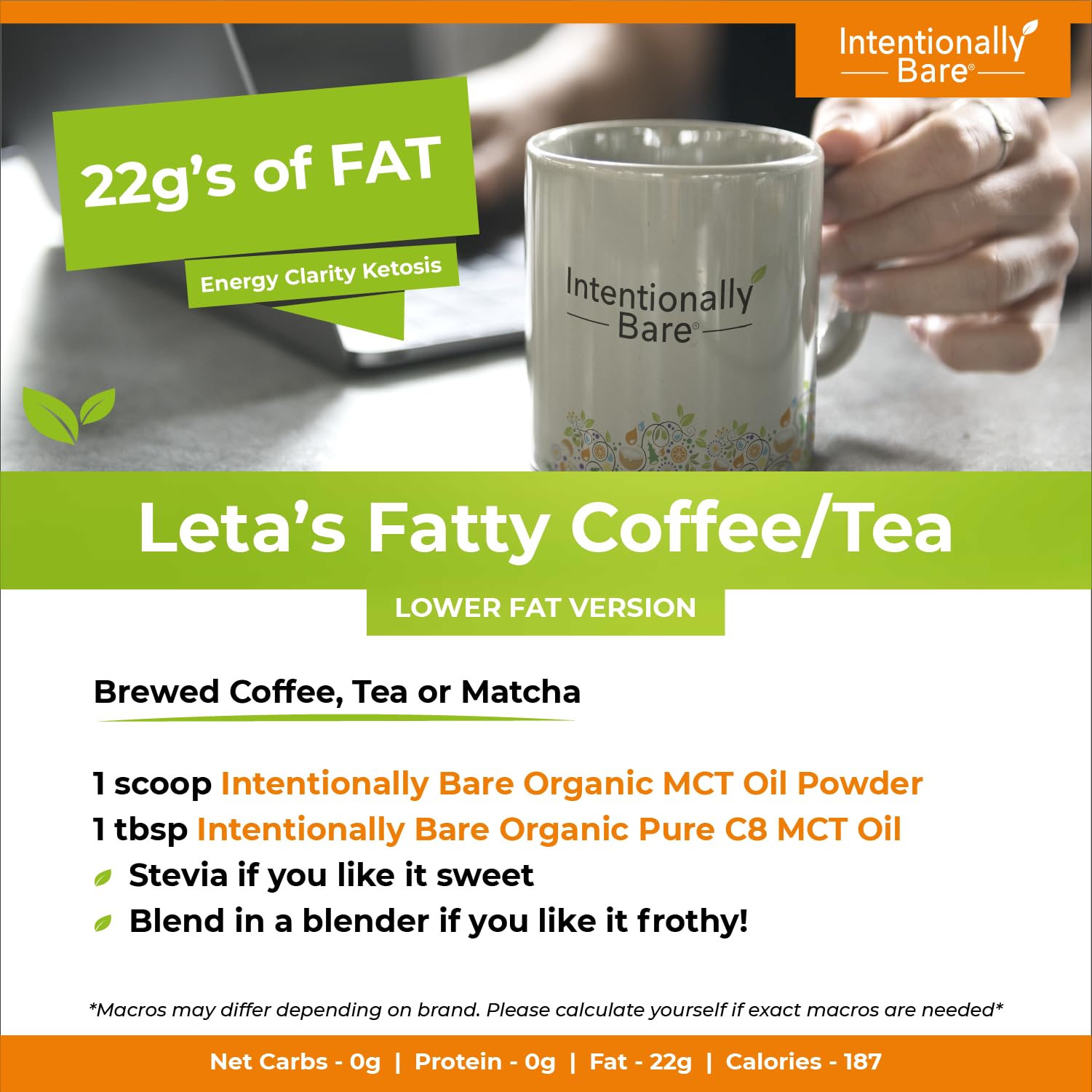 Intentionally Bare etiqueta nutricional enfocada en C8 70% C10 30% y cero carbs netos