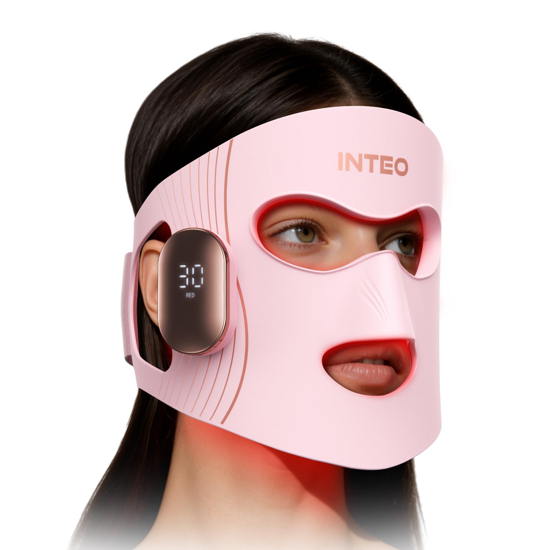 INTEO máscara LED frontal mostrando diseño y comodidad