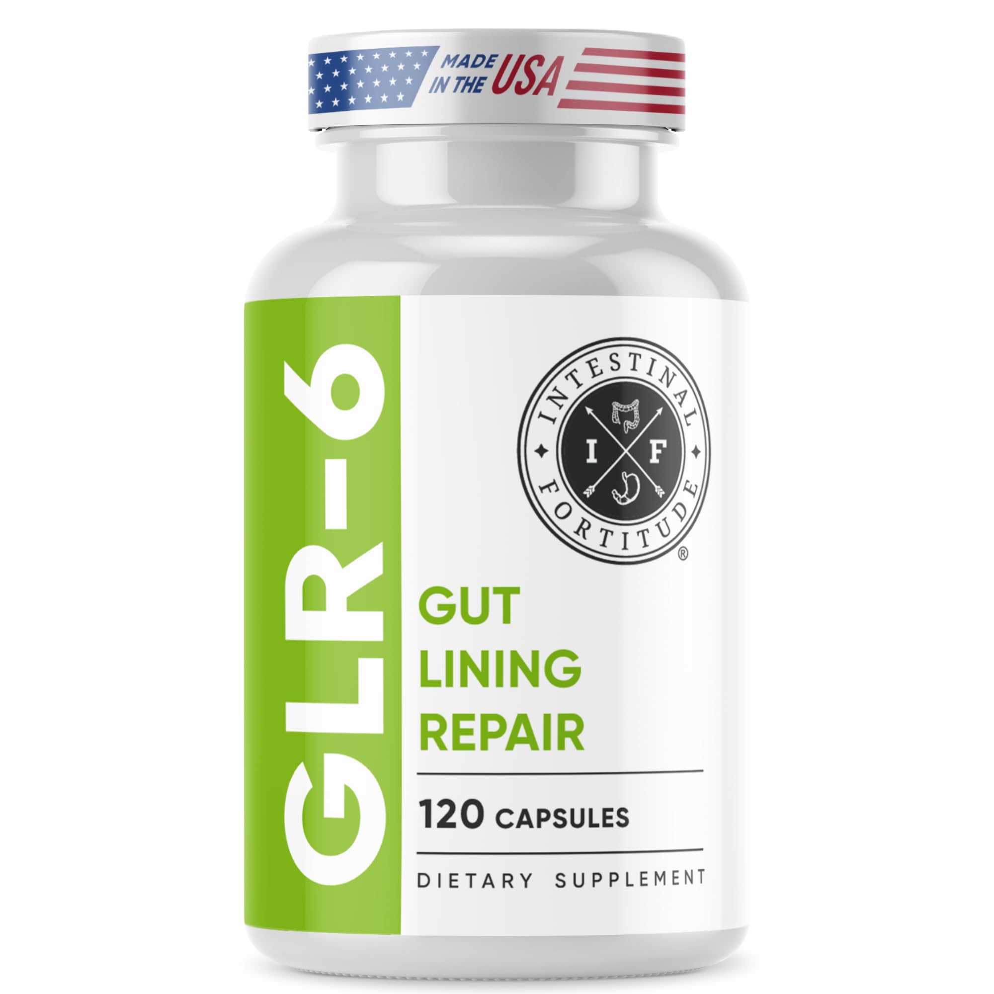 Intestinal Fortitude frasco delante mostrando la marca y beneficio de soporte intestinal