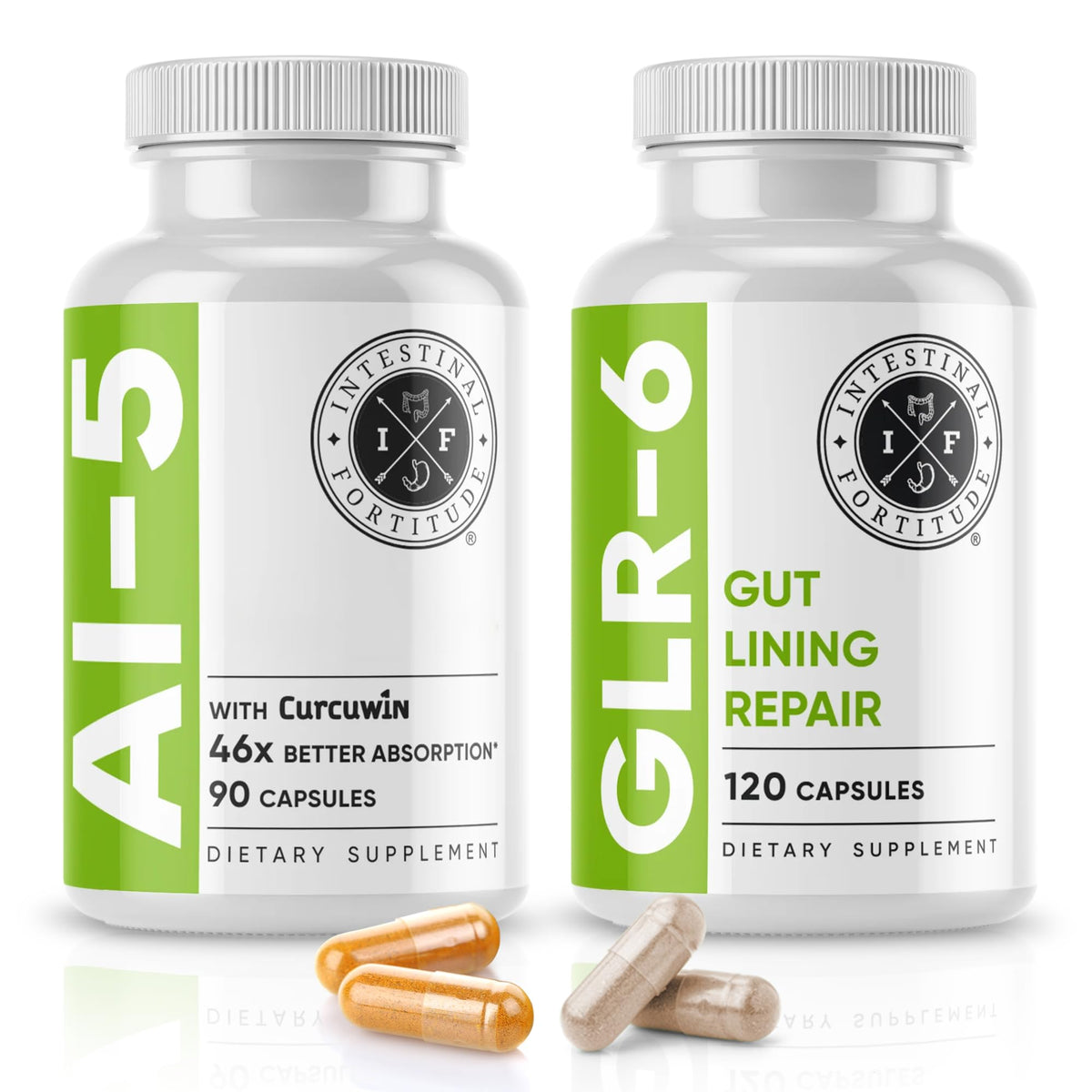 Intestinal Fortitude frente del paquete mostrando doble fórmula y beneficio digestivo