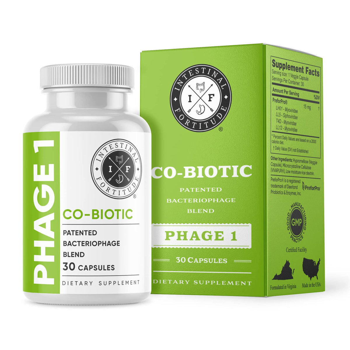 Intestinal Fortitude envase frontal mostrando fórmula para equilibrio intestinal