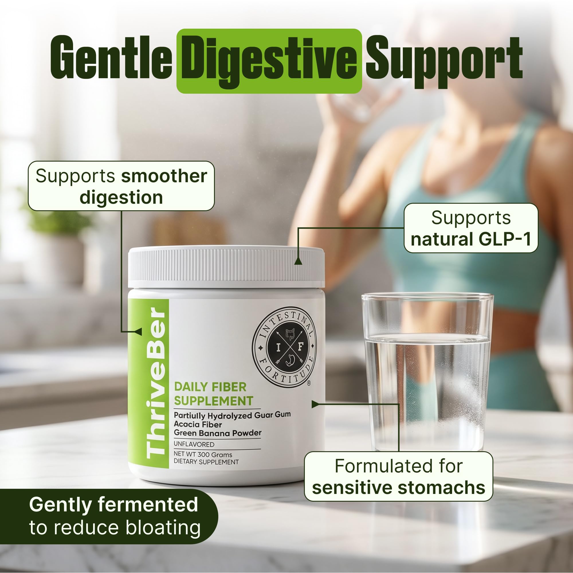 Intestinal Fortitude polvo ThriveBer textura cercana que destaca disolución rápida