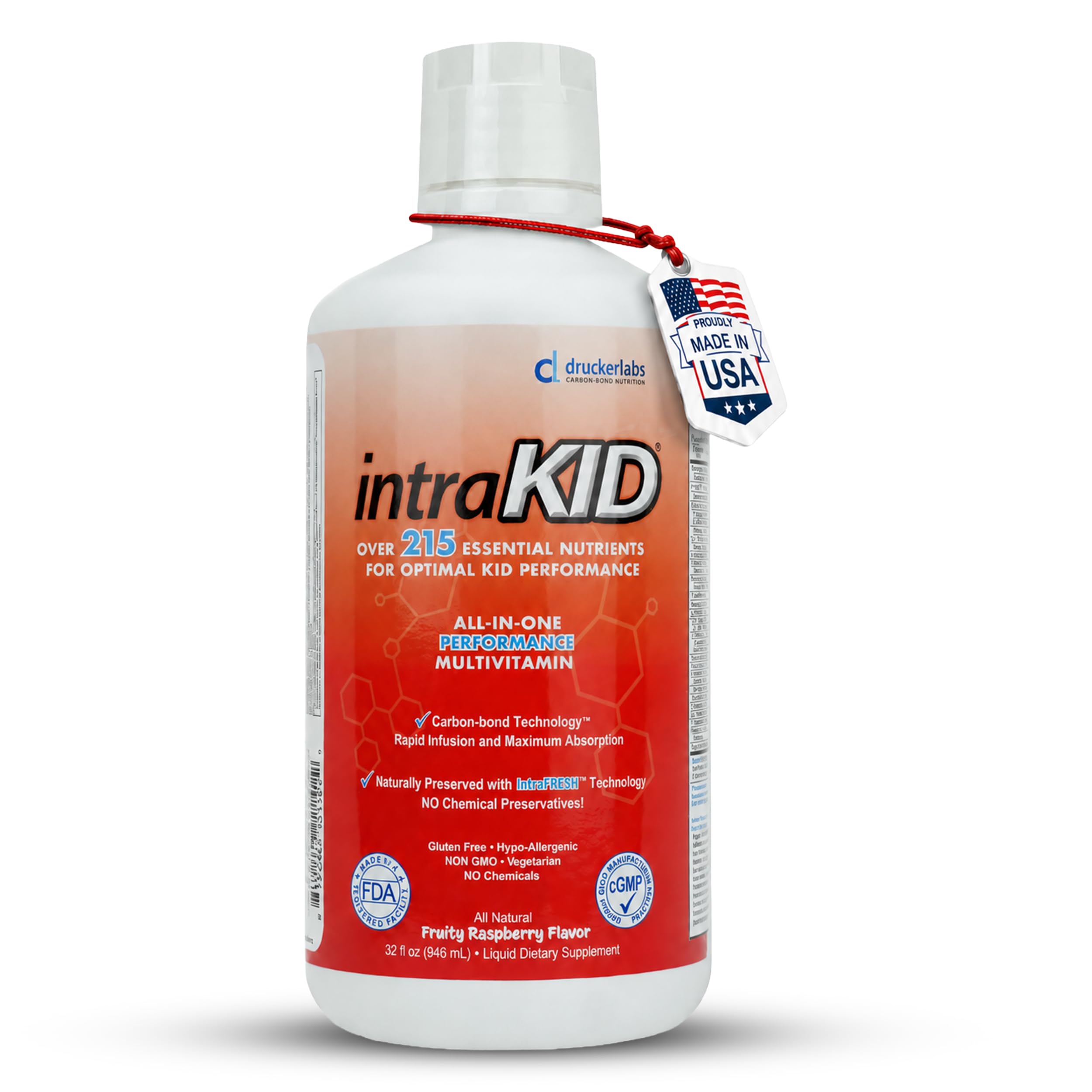 intraKID frente del envase mostrando 32 oz y sabor frambuesa, facilita elección rápida