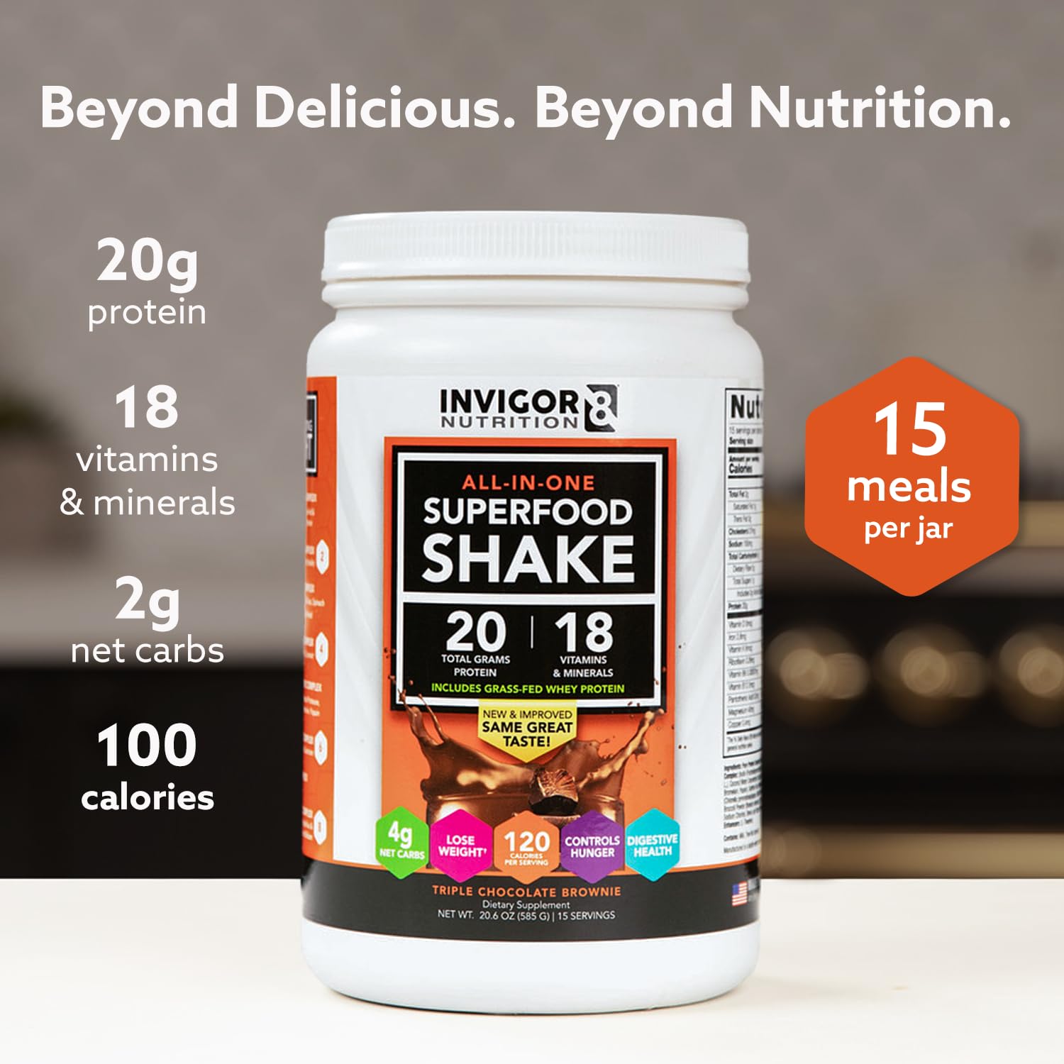 INVIGOR8 etiqueta nutricional cercana destacando 20 g de proteína