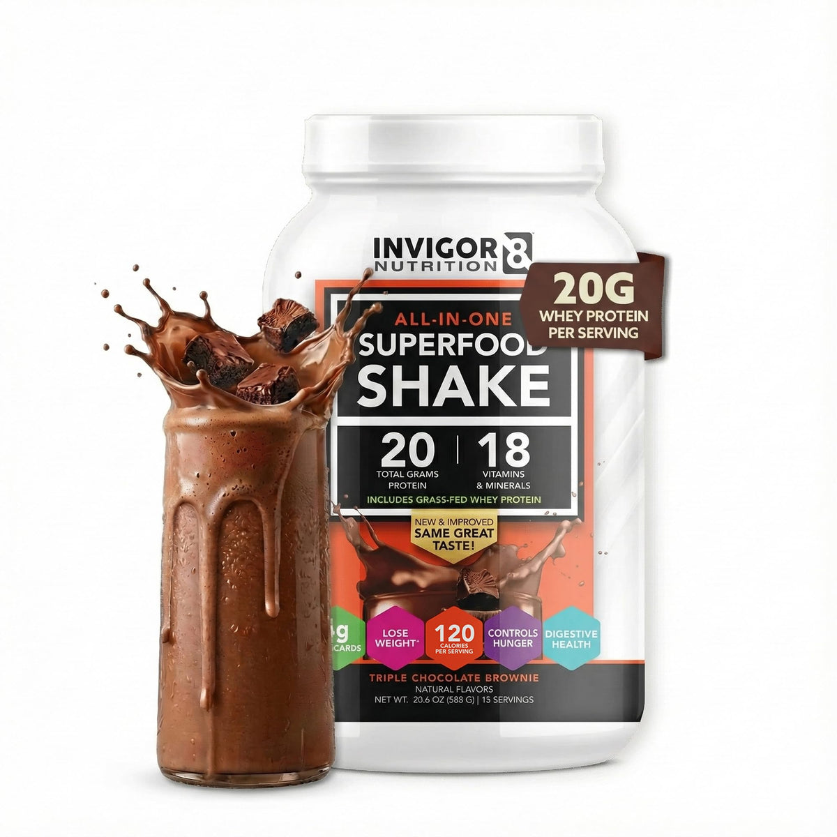 INVIGOR8 frente del empaque mostrando sabor chocolate brownie y beneficios