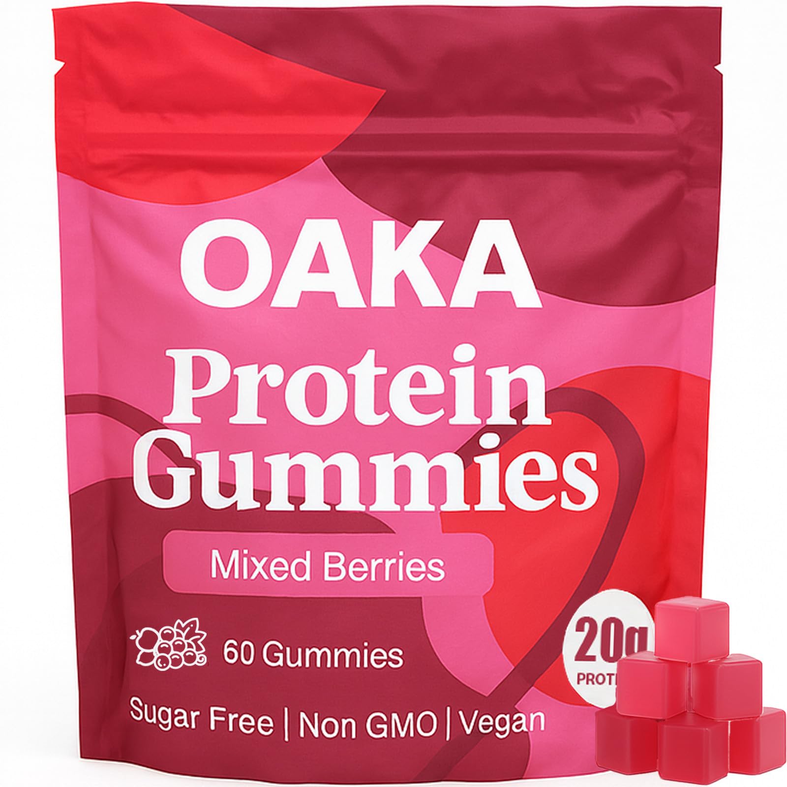 ipxkwll paquete frontal OAKA gomitas proteicas, presenta el producto y su conveniencia