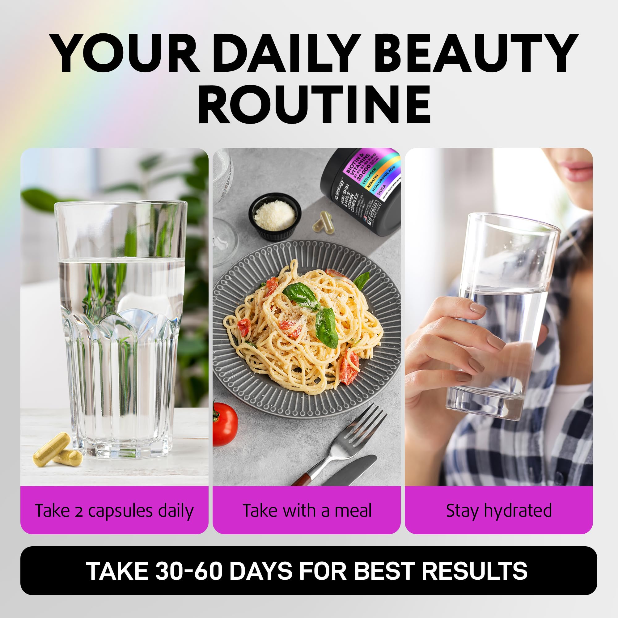 IQ BIOLOGY suplemento en mesa con productos de belleza para complementar cuidados