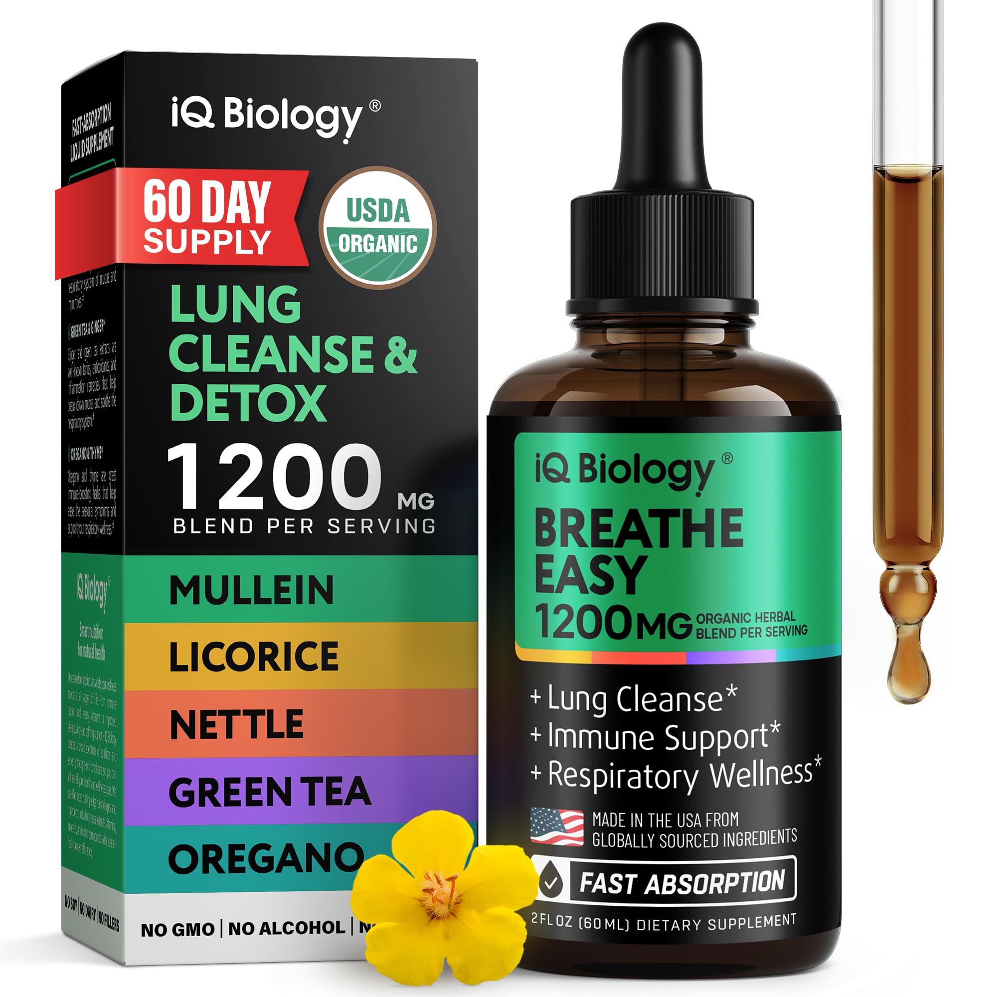 IQ BIOLOGY frente del producto muestra botella y beneficios orgánicos