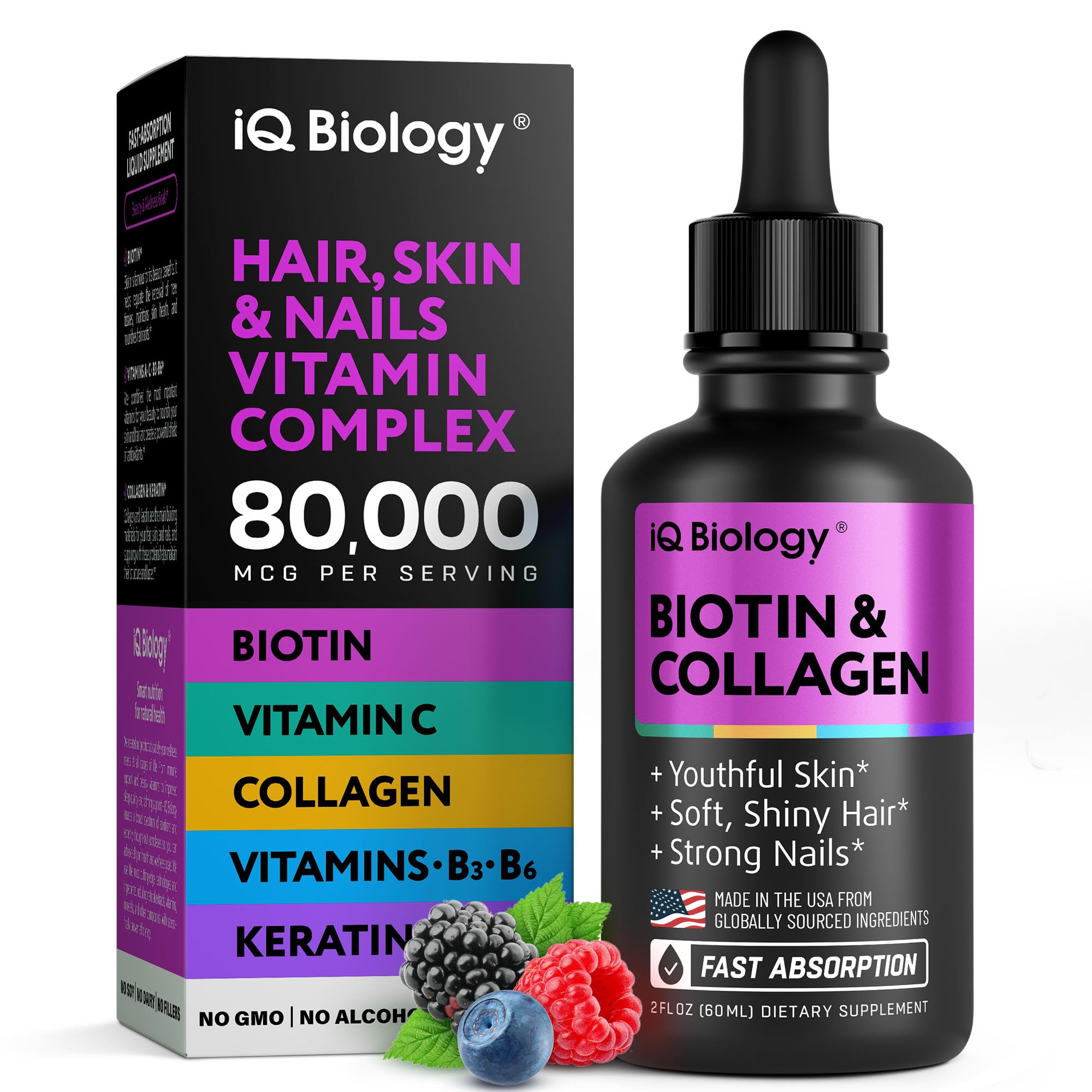 IQ BIOLOGY frente del producto mostrando la botella y beneficios