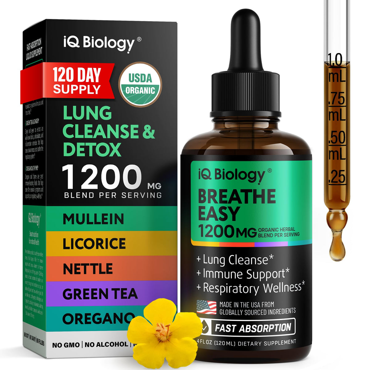 IQ BIOLOGY envase frontal de Mullein Drops mostrando la etiqueta y beneficio respiratorio