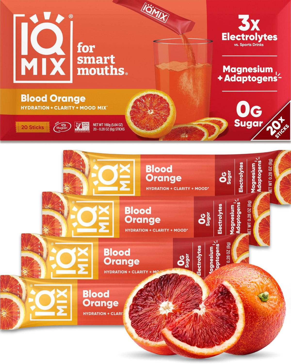 IQBAR IQMIX empaque frontal mostrando sabor Blood Orange y beneficio de hidratación