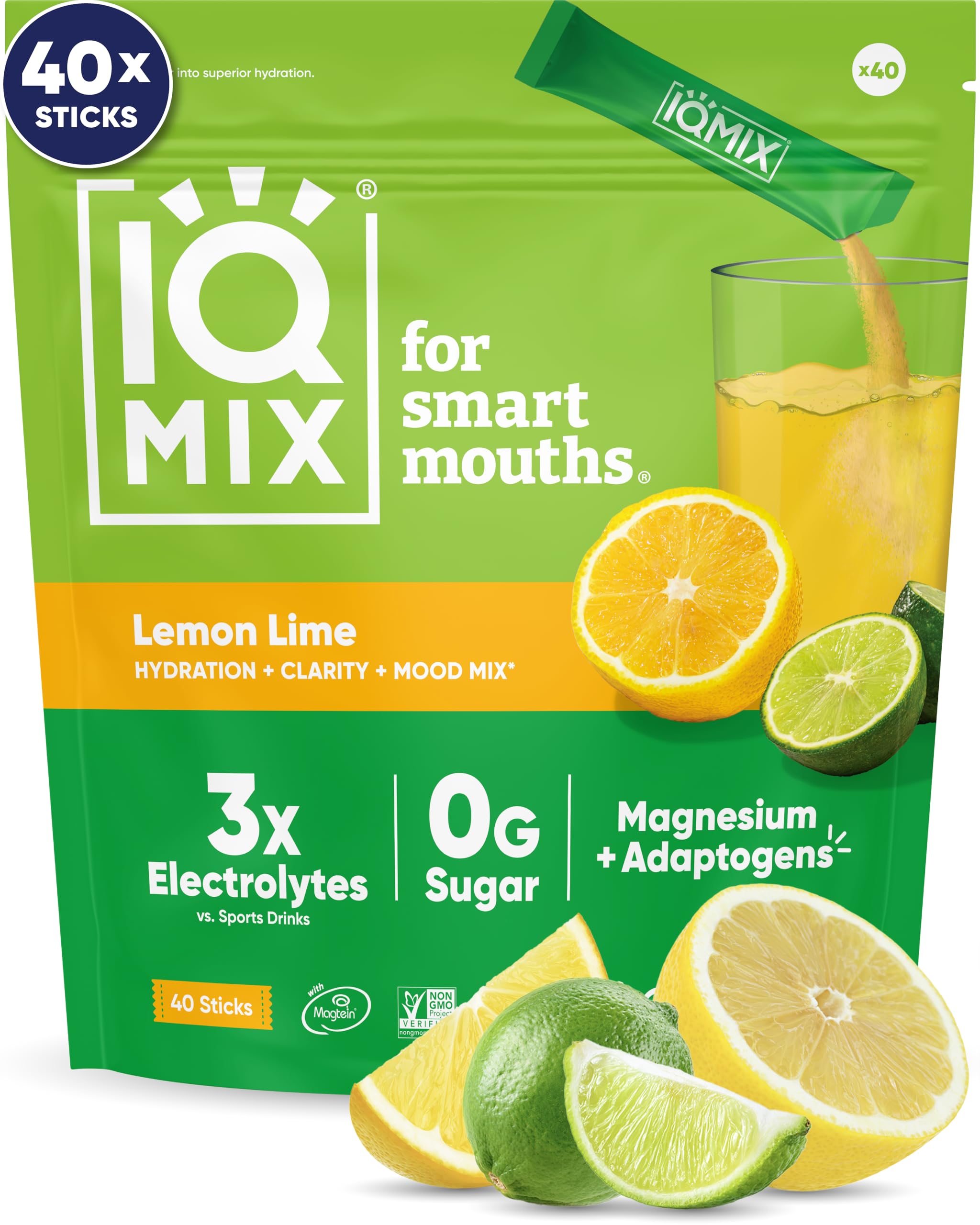 IQBAR IQMIX frente del empaque mostrando 40 sobres y sabor Lemon Lime, práctico