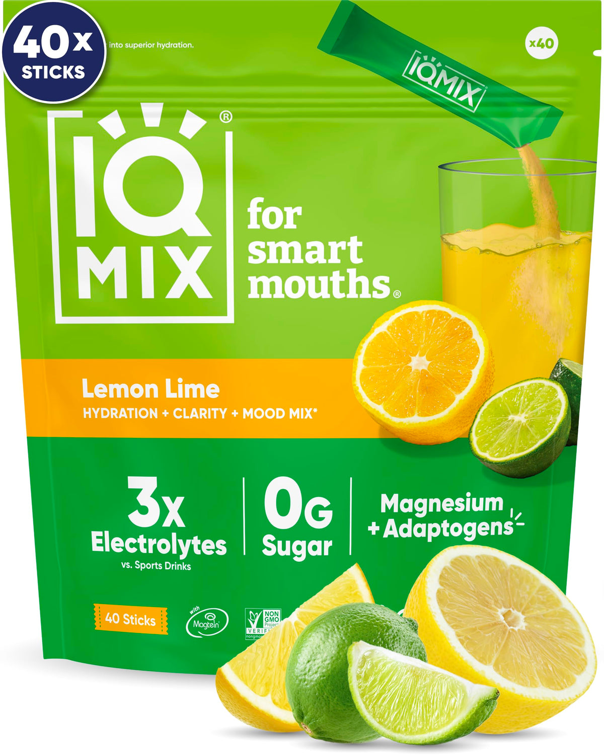 IQBAR IQMIX frente del empaque mostrando 40 sobres y sabor Lemon Lime, práctico