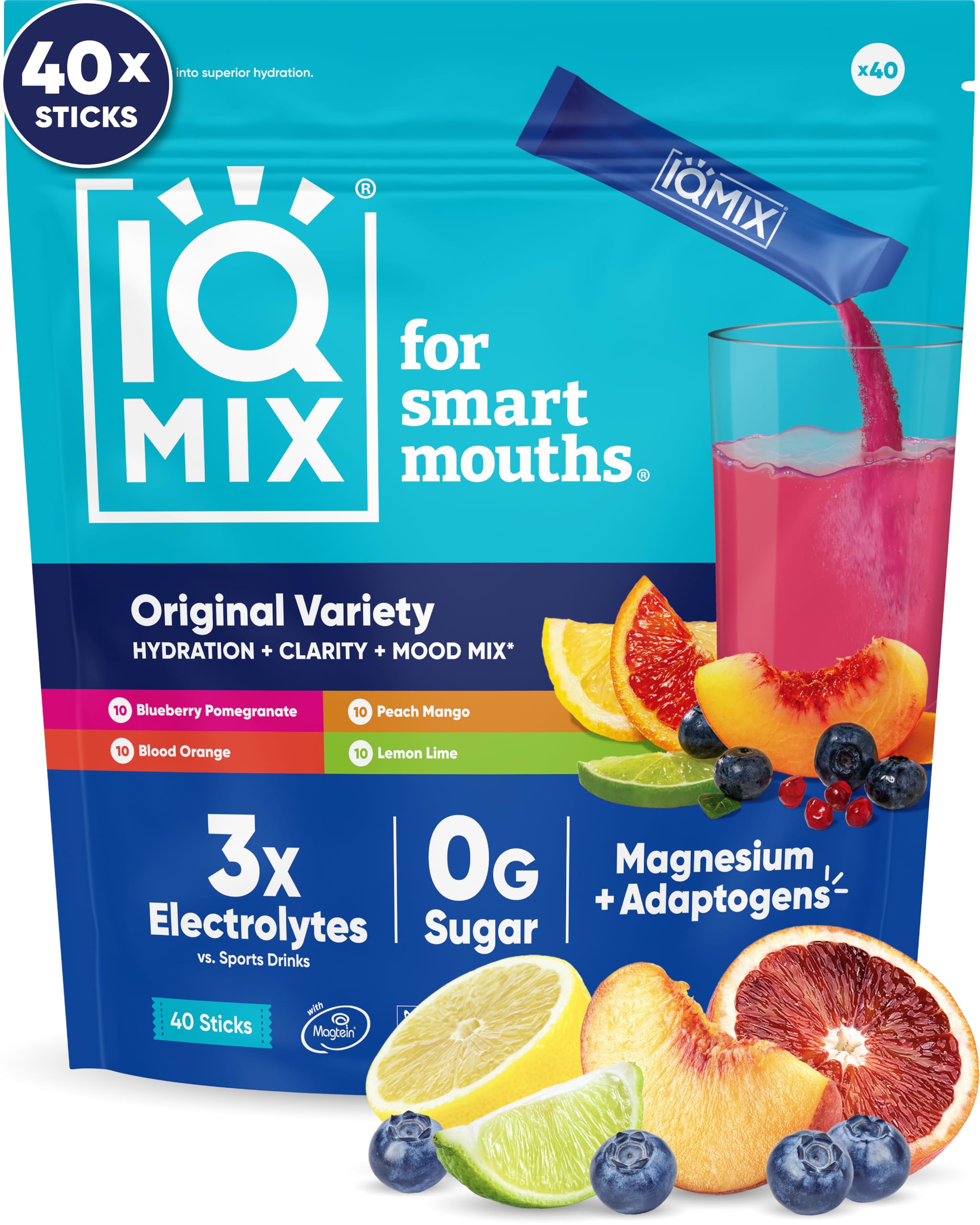 IQBAR empaque frontal del pack variedad mostrando 40 sobres y beneficios