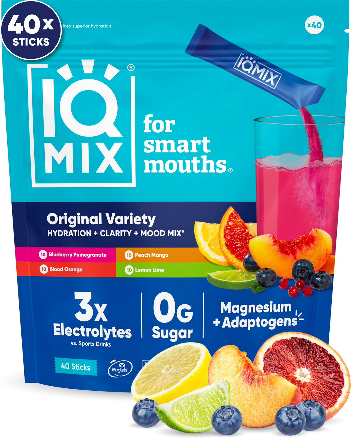 IQBAR empaque frontal del pack variedad mostrando 40 sobres y beneficios