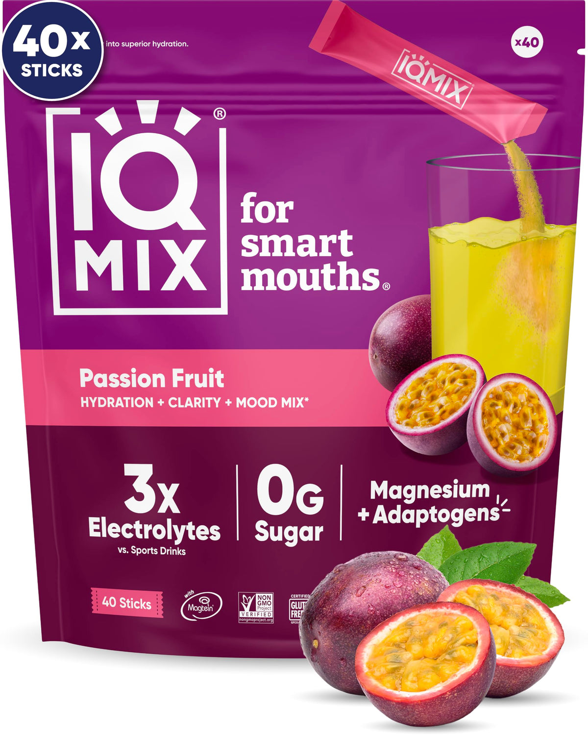 IQBAR IQMIX sabor maracuyá frente del empaque mostrando presentación de 40 sobres y conveniencia