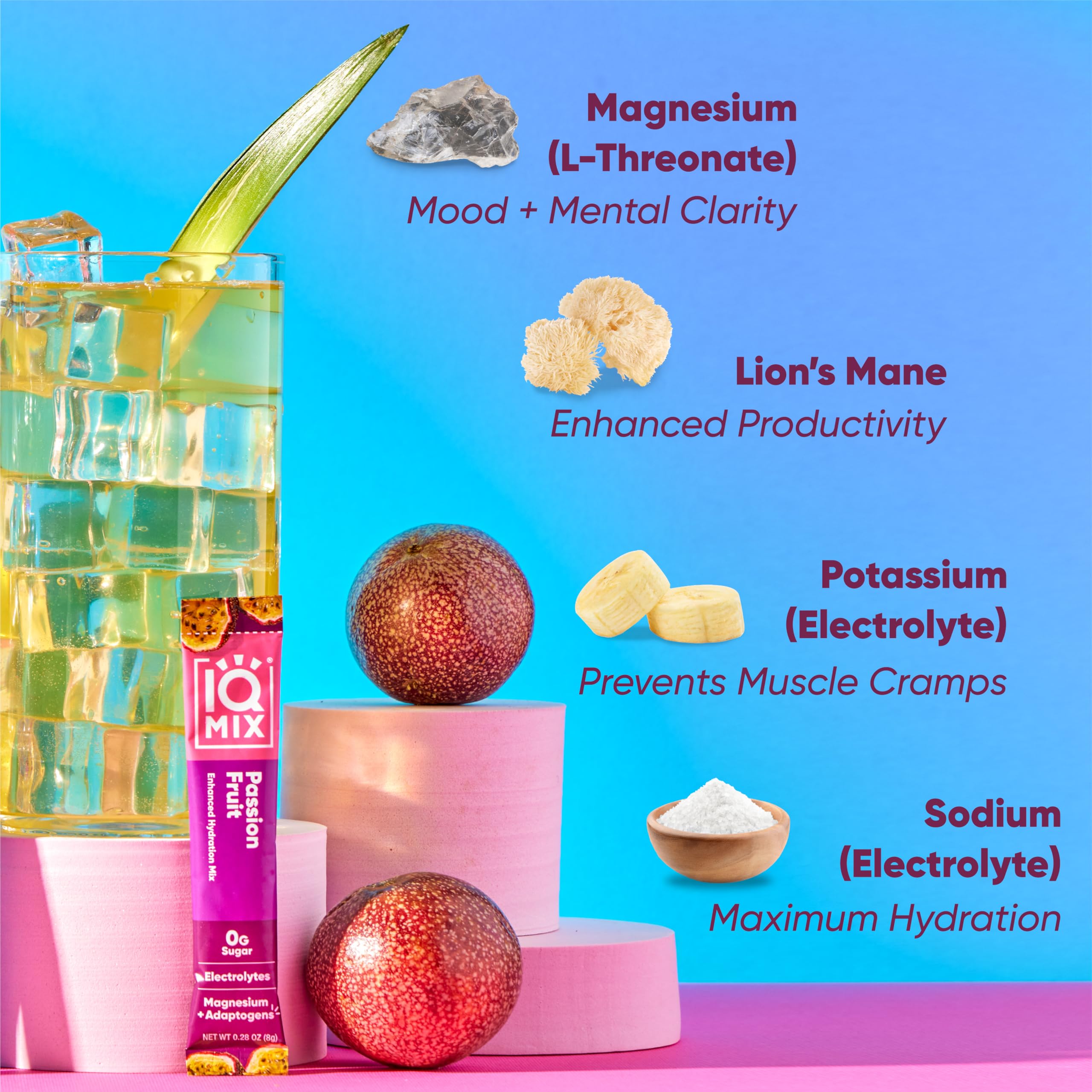 IQBAR IQMIX maracuyá vaso con bebida mezclada, hidratación rápida y sabor refrescante