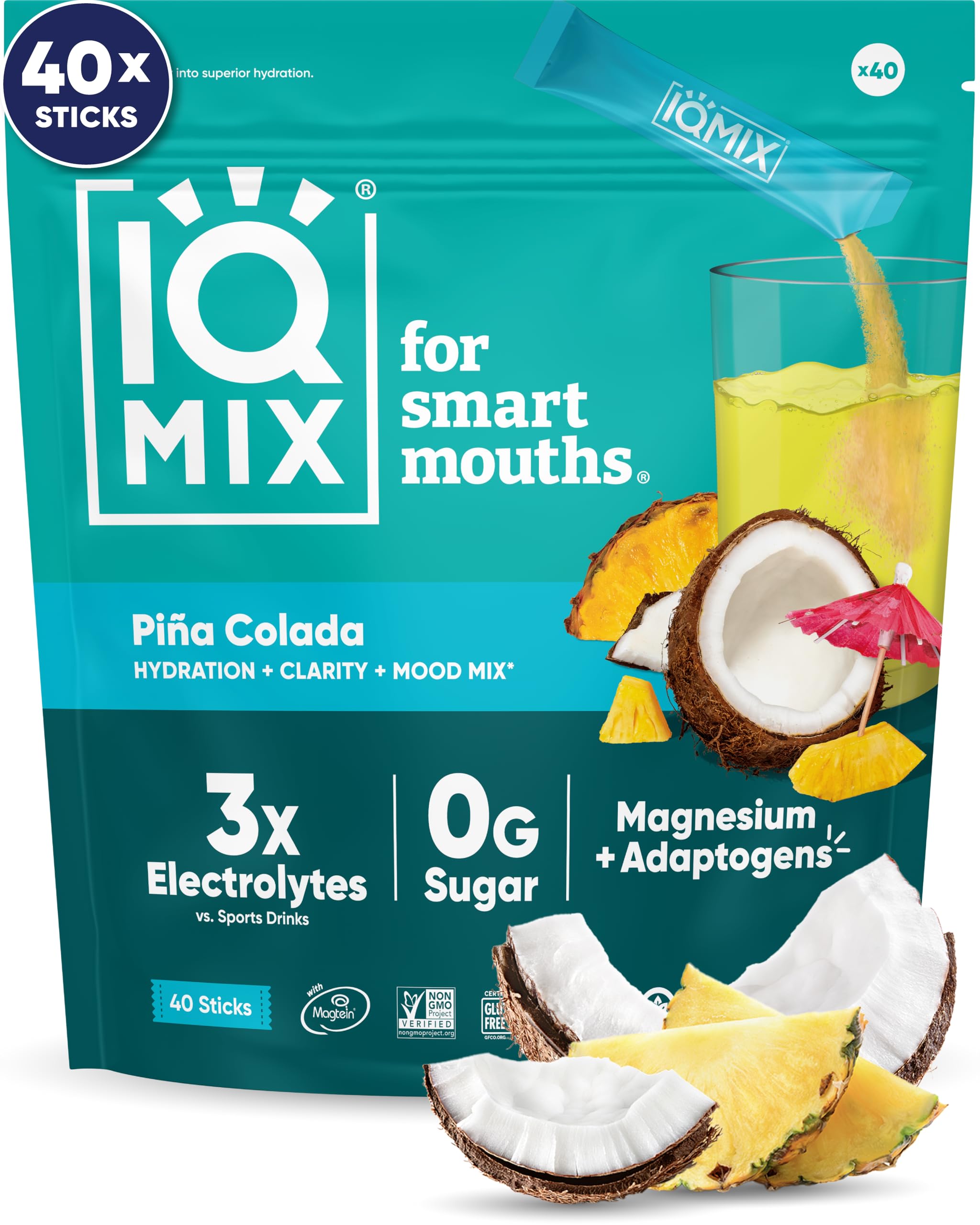 IQBAR IQMIX Pina Colada frente del empaque, muestra conveniencia portátil