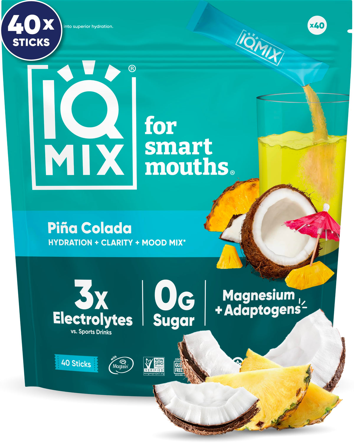 IQBAR IQMIX Pina Colada frente del empaque, muestra conveniencia portátil