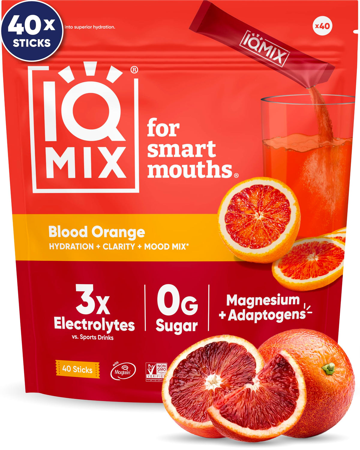 IQMIX empaque frontal Blood Orange mostrando 40 sobres y beneficios