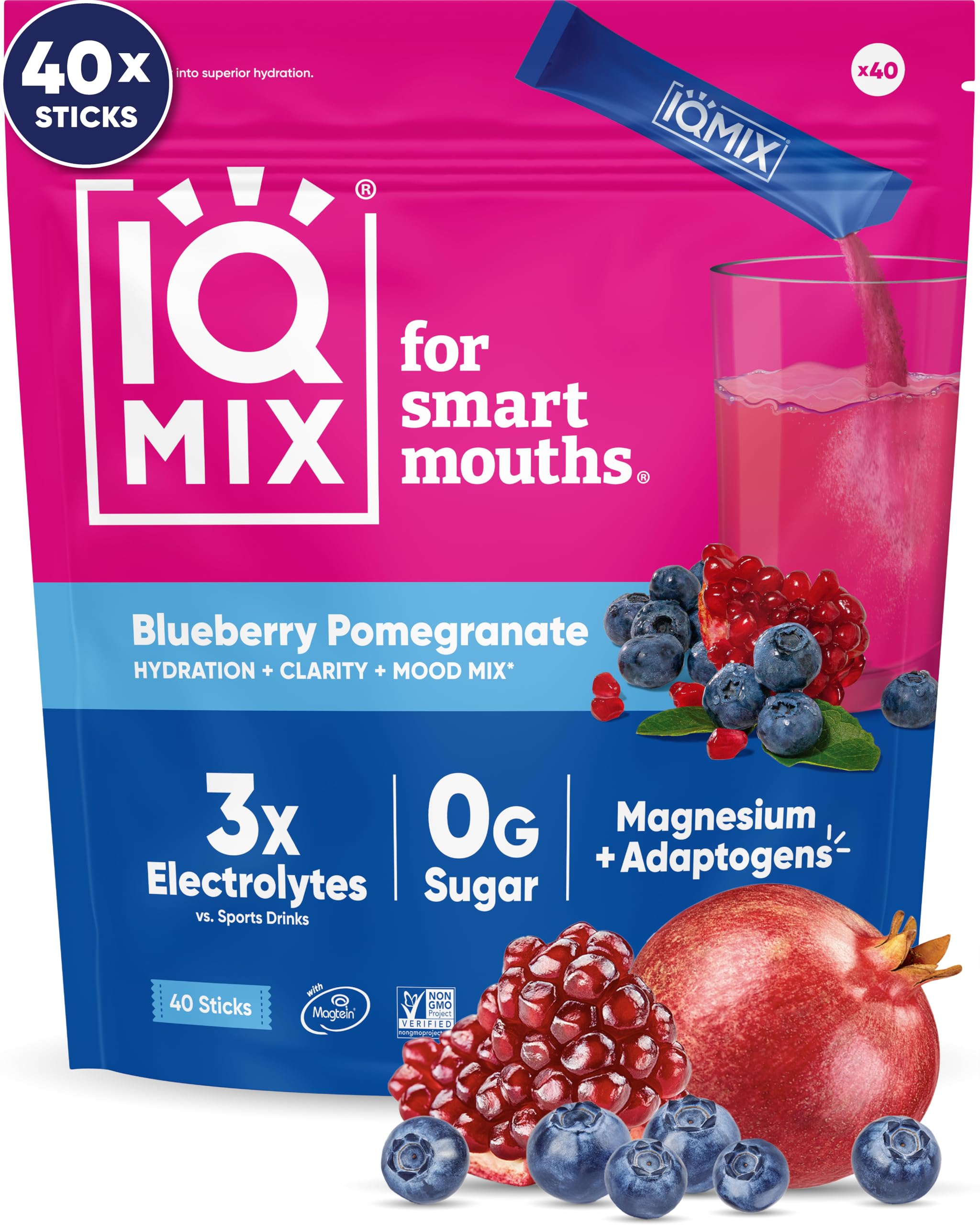 IQBAR IQMIX caja frontal mostrando sobres y sabor arándano-granada, hidratación rápida