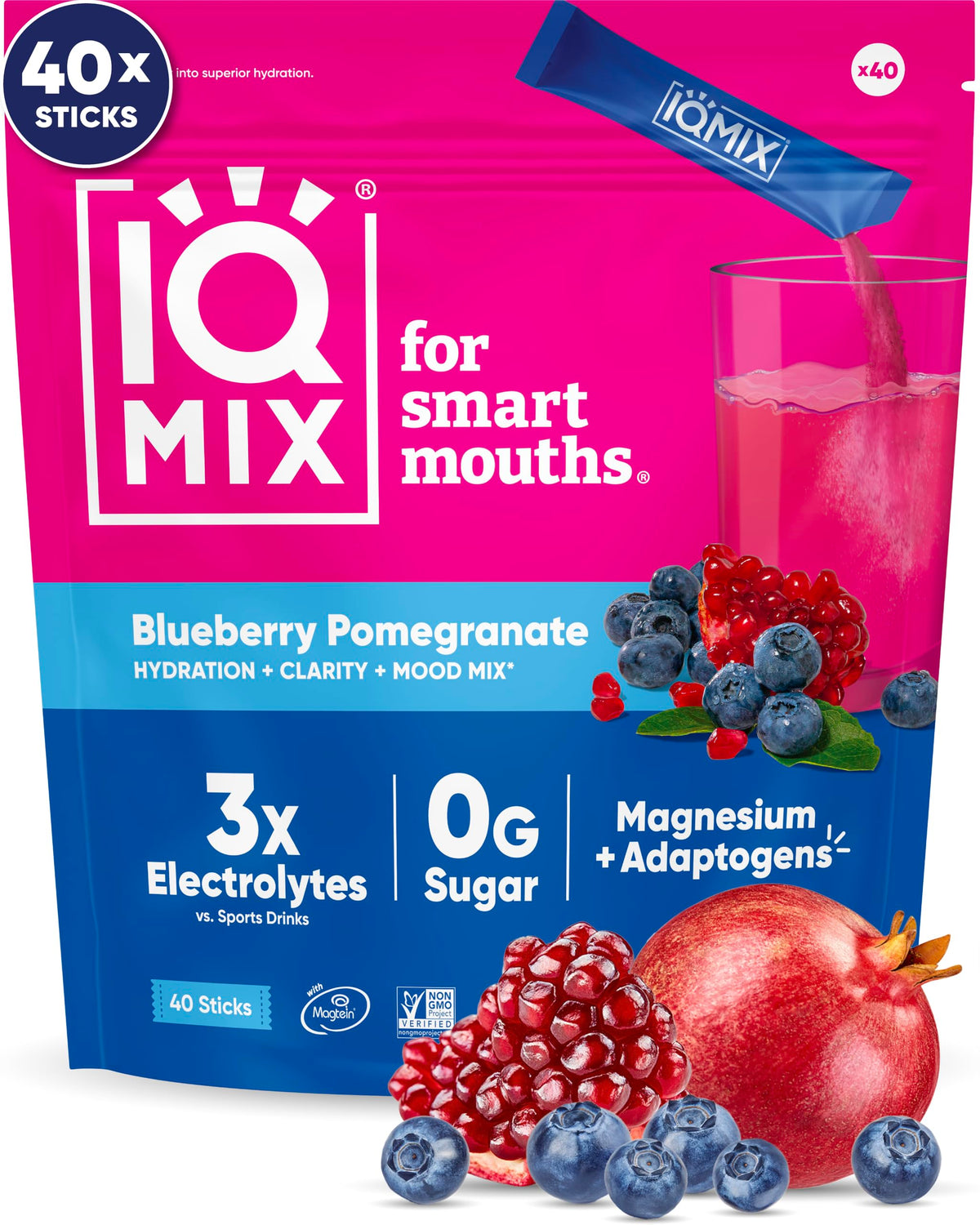 IQBAR IQMIX caja frontal mostrando sobres y sabor arándano-granada, hidratación rápida