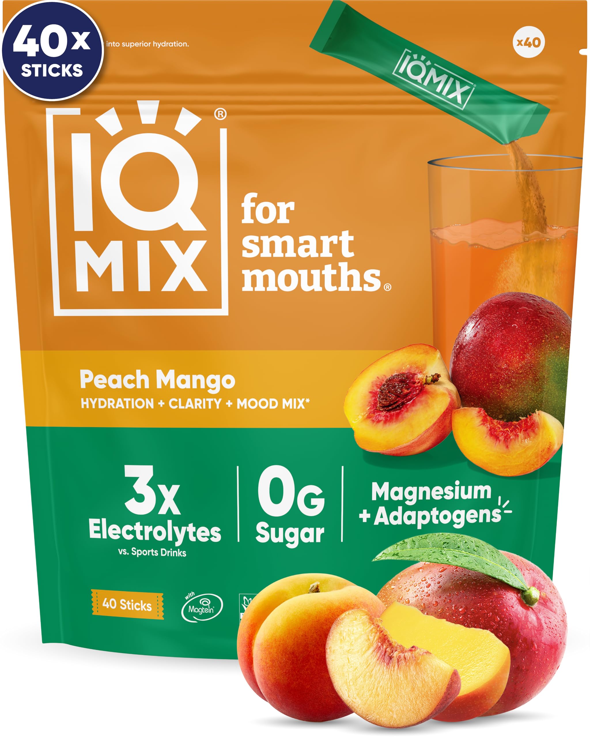 IQBAR IQMIX frontal del empaque Peach Mango mostrando los 40 sobres y ventaja práctica