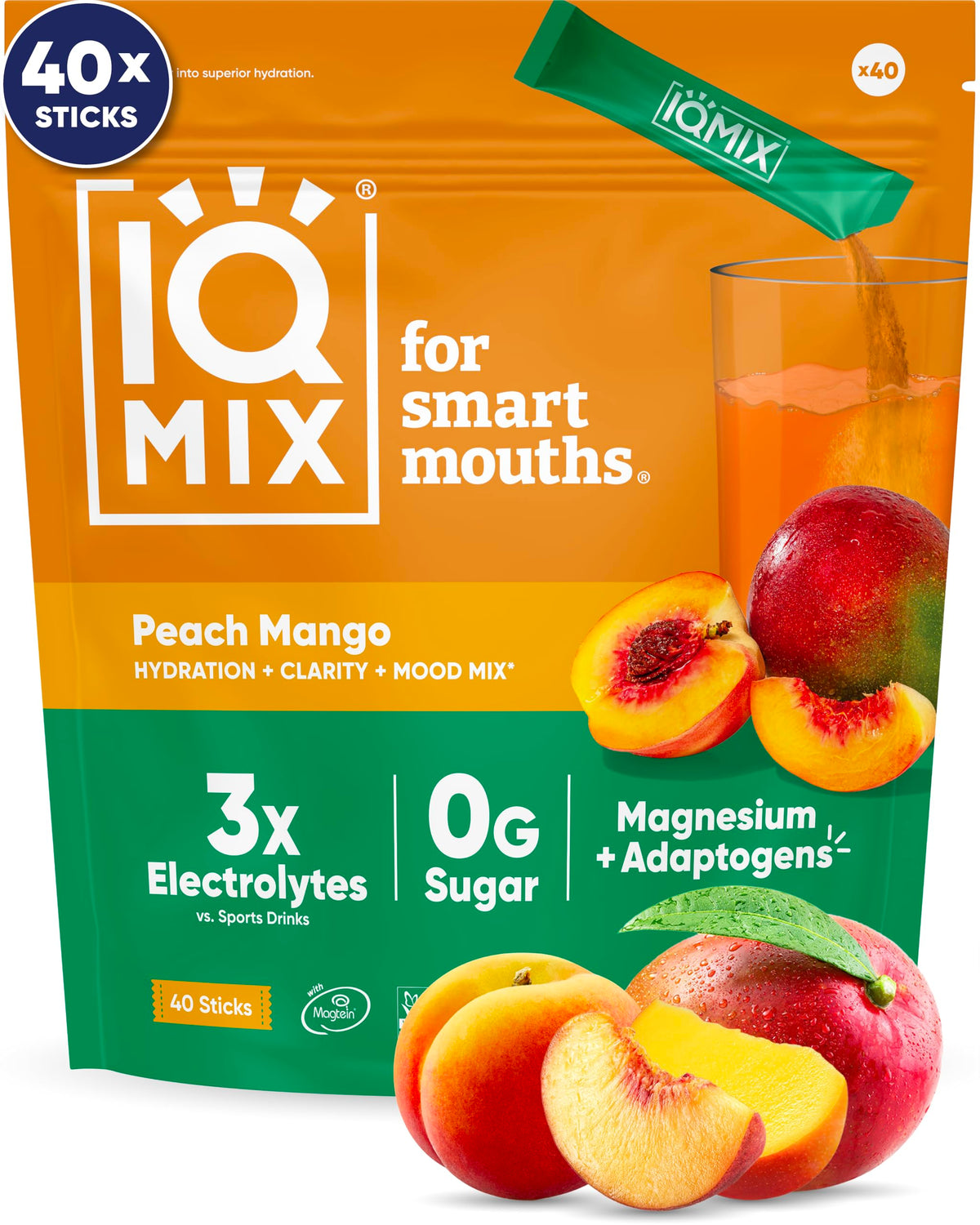 IQBAR IQMIX frontal del empaque Peach Mango mostrando los 40 sobres y ventaja práctica