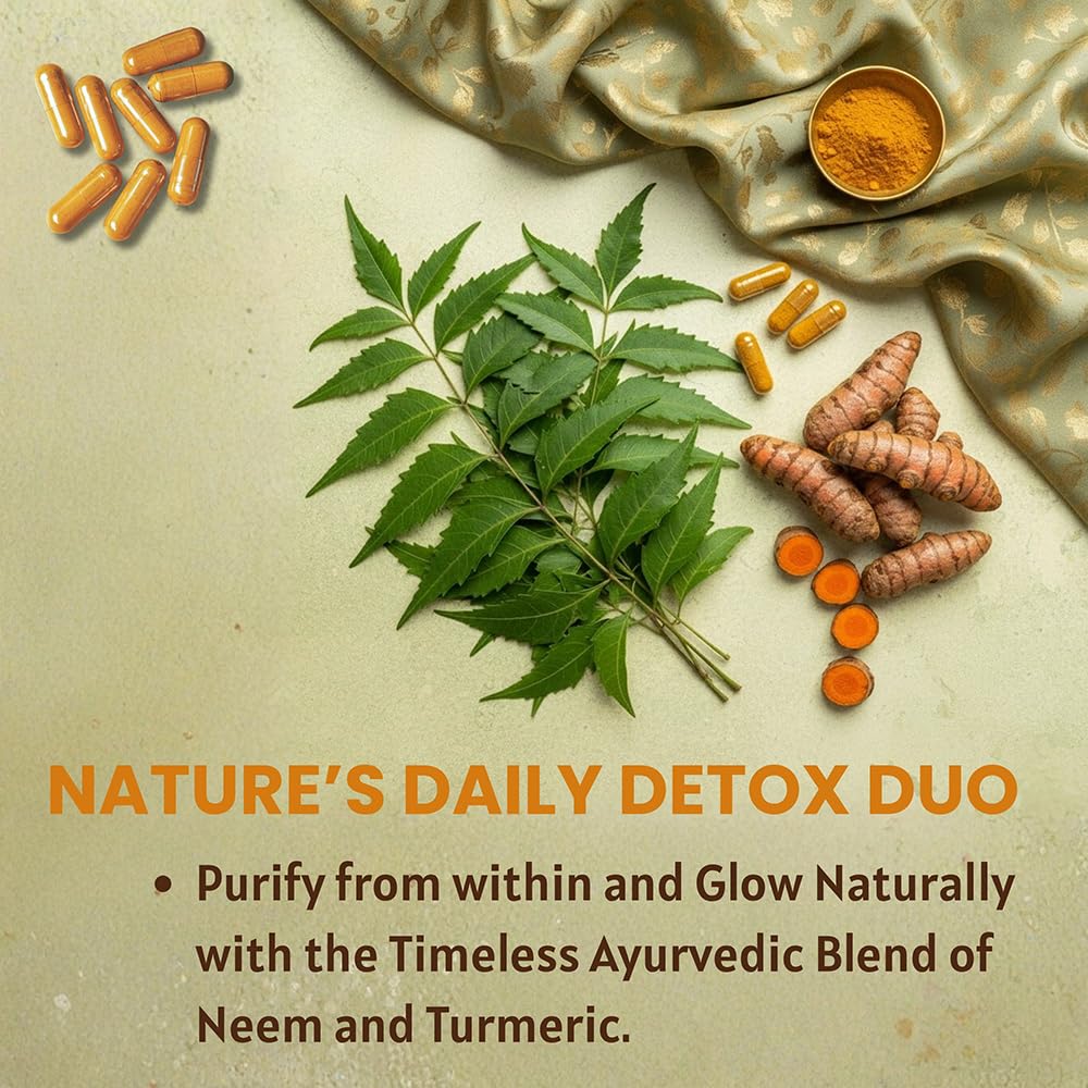 Primer plano de hojas de neem junto al frasco Ireya Ayurveda demostrando ingrediente principal