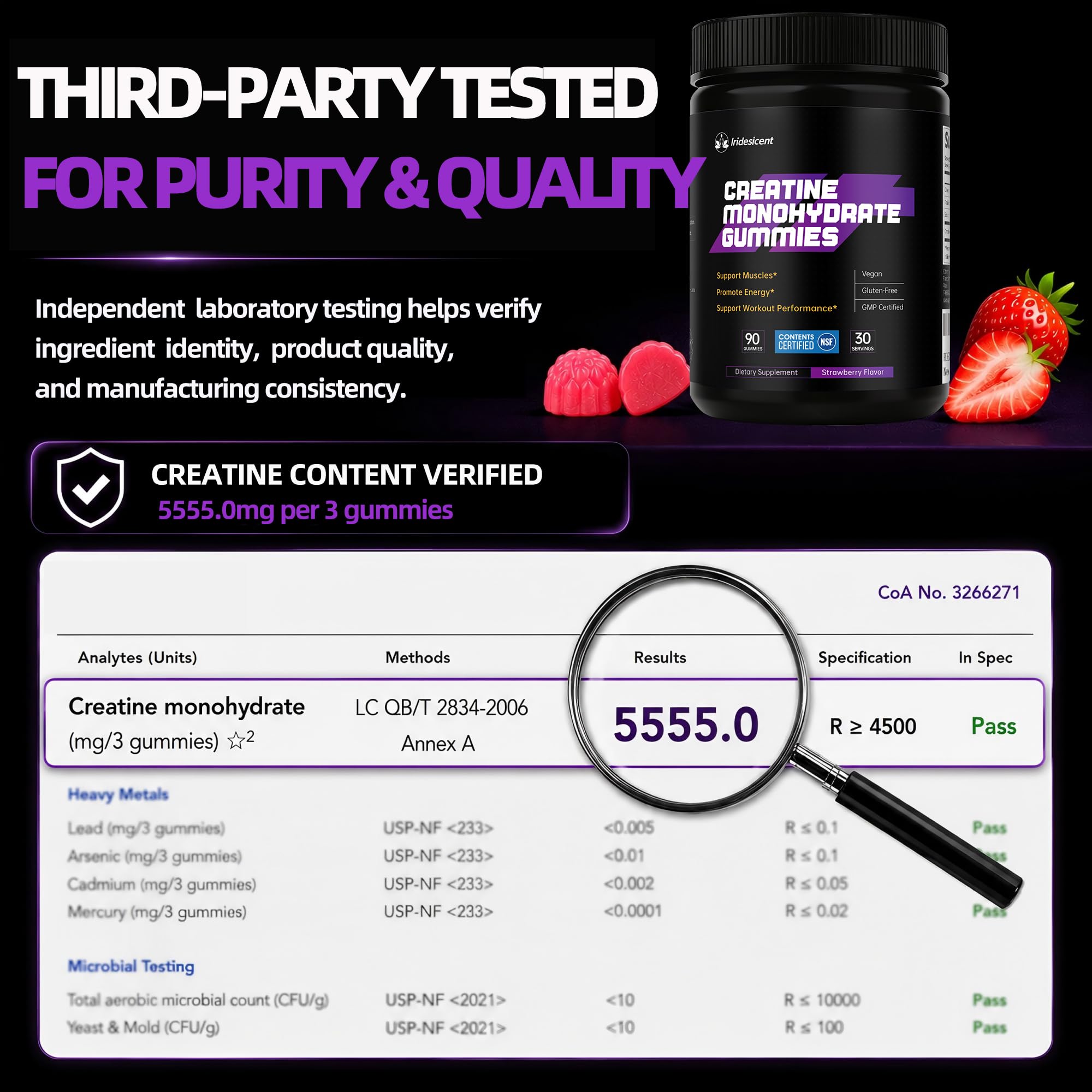 IRIDESICENT etiqueta de ingredientes legible, transparencia y calidad NSF