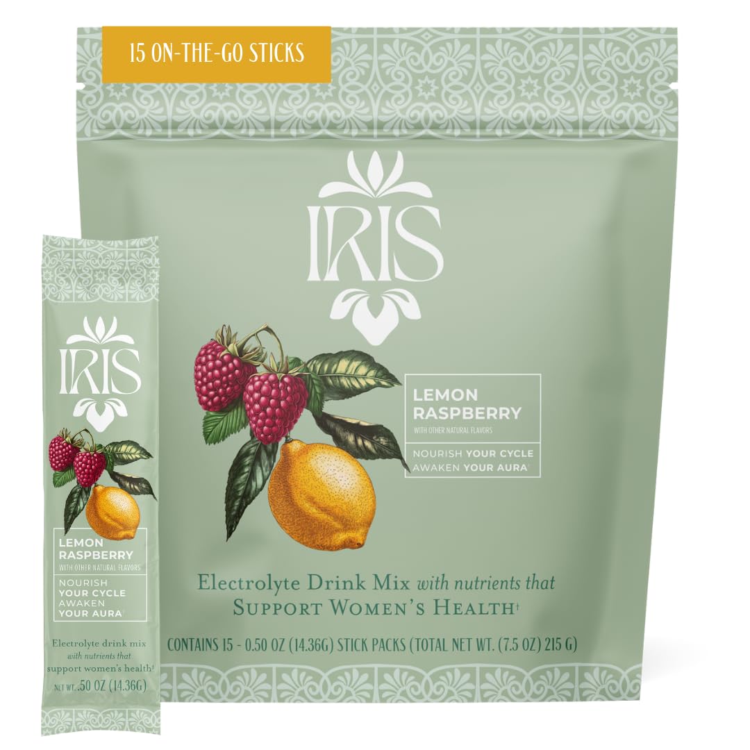 Iris empaque frontal sabor frambuesa limón mostrando beneficios y 15 sobres