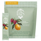 Iris empaque frontal sabor frambuesa limón mostrando beneficios y 15 sobres