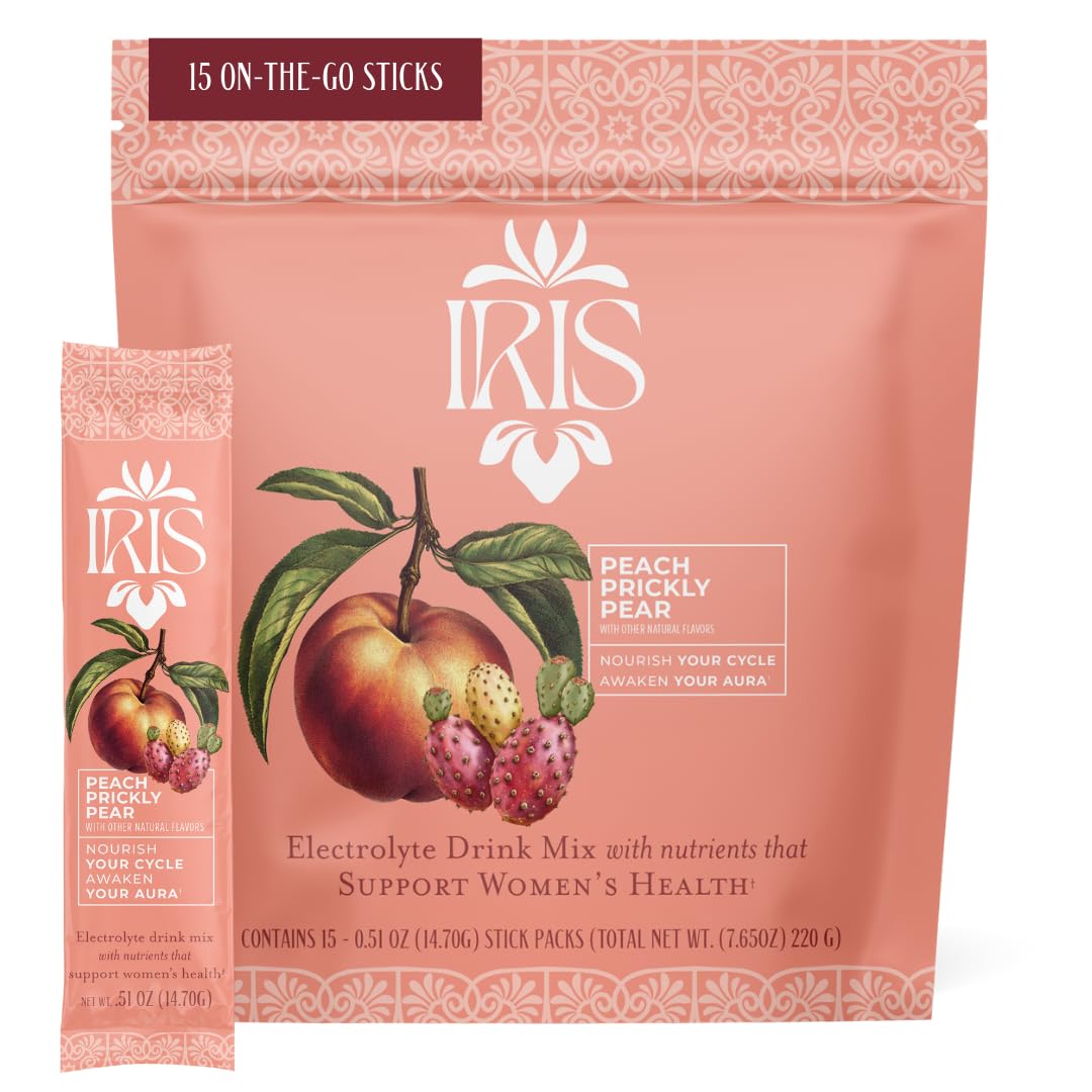 Iris frente del empaque mostrando sobres y beneficios visibles