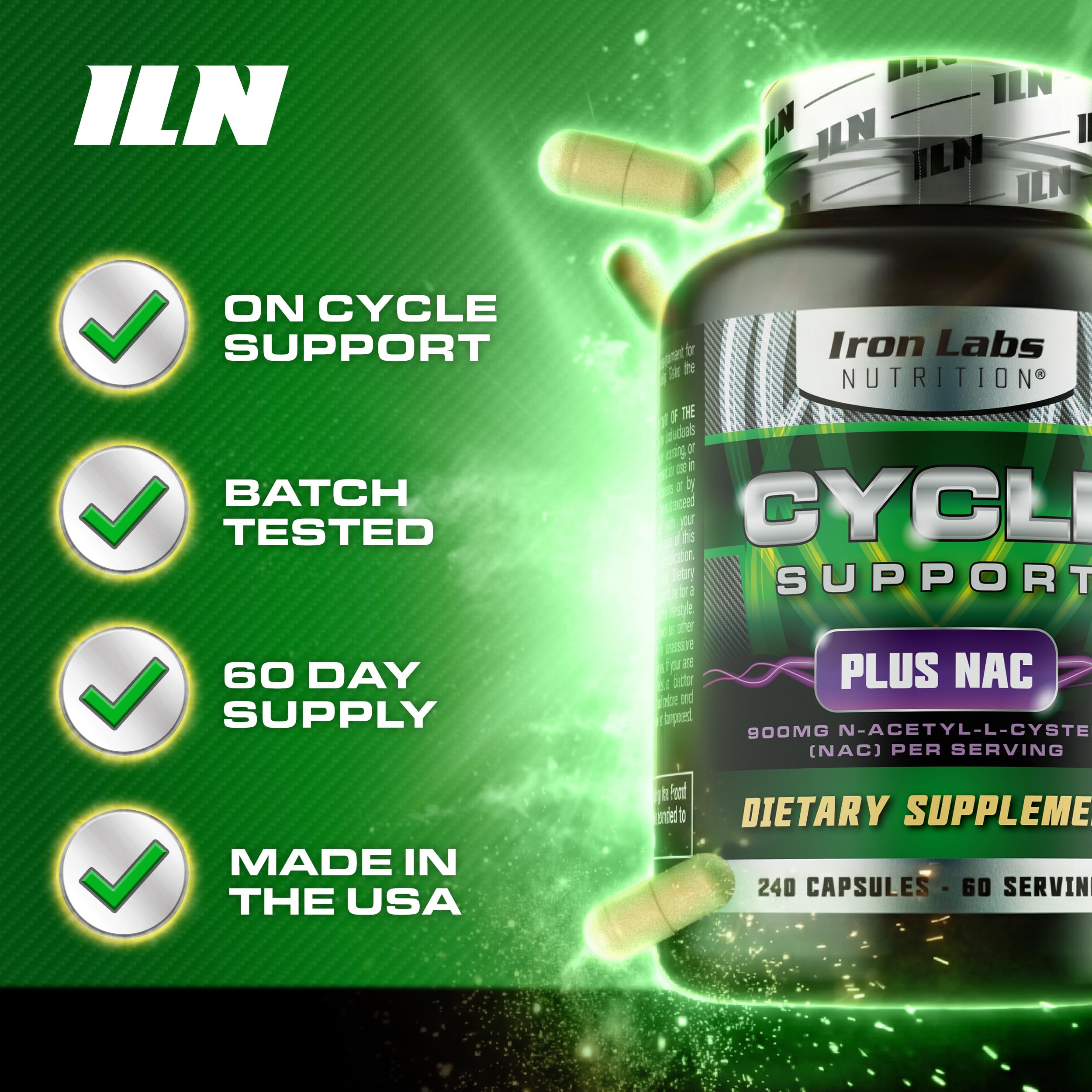 Etiqueta nutricional de Iron Labs Nutrition Cycle Support Plus NAC destacando ingredientes estandarizados
