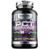 Iron Labs Nutrition bote frontal mostrando PCT Xtreme beneficios de soporte post-ciclo